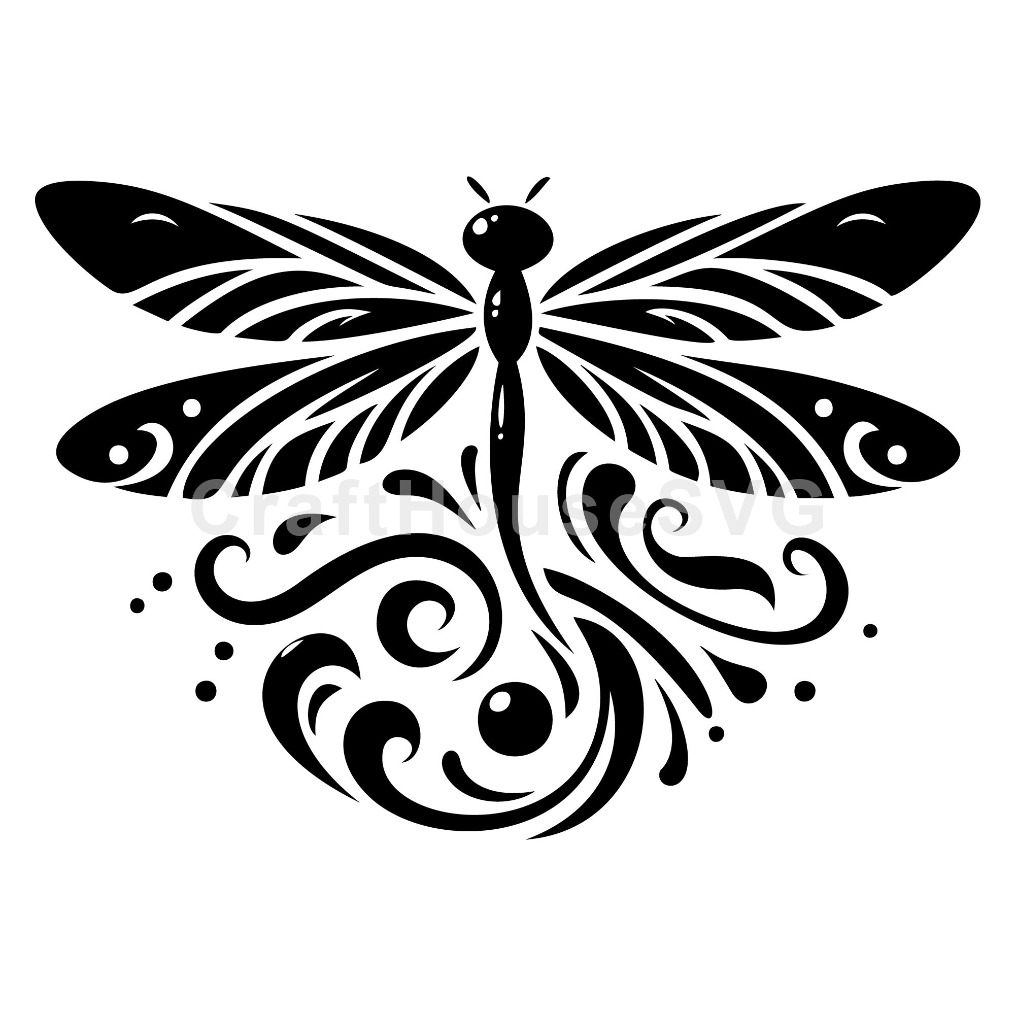 Decorative Dragonfly Silhouette with Swirls SVG