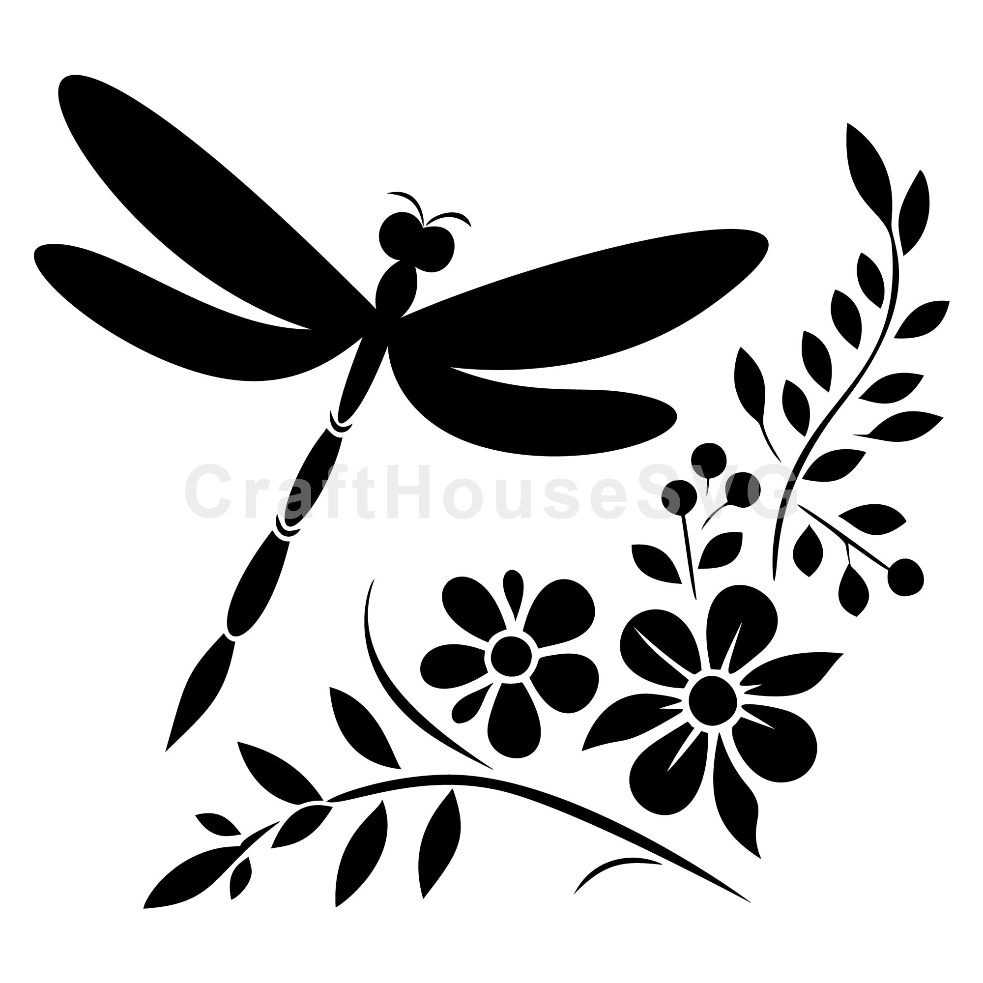 Elegant Dragonfly Silhouette with Flowers SVG