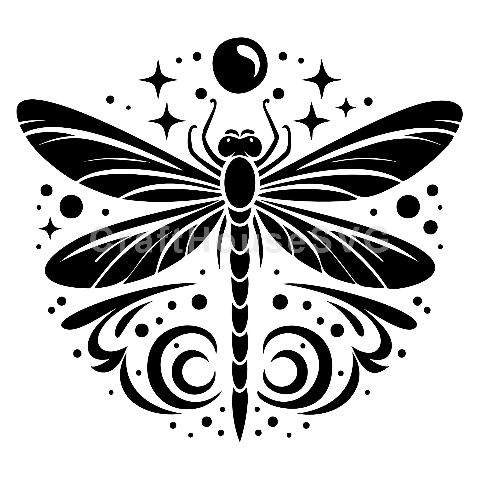 Ornate Dragonfly Silhouette with Stars SVG