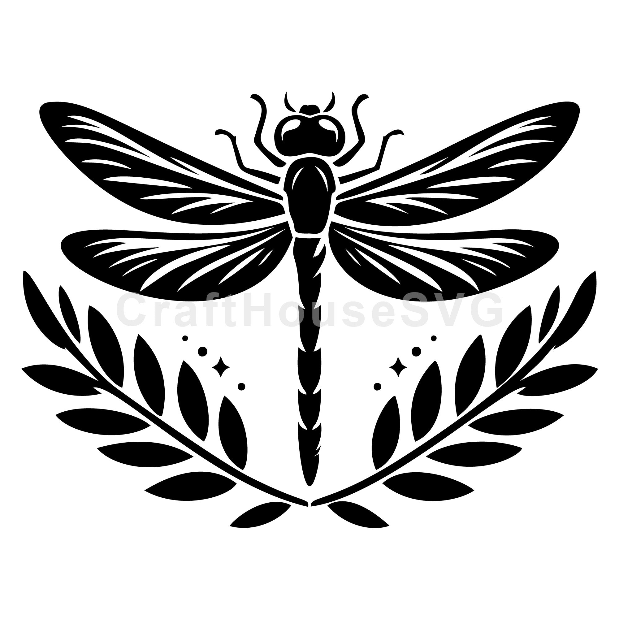 Decorative Dragonfly Silhouette with Leaves SVG