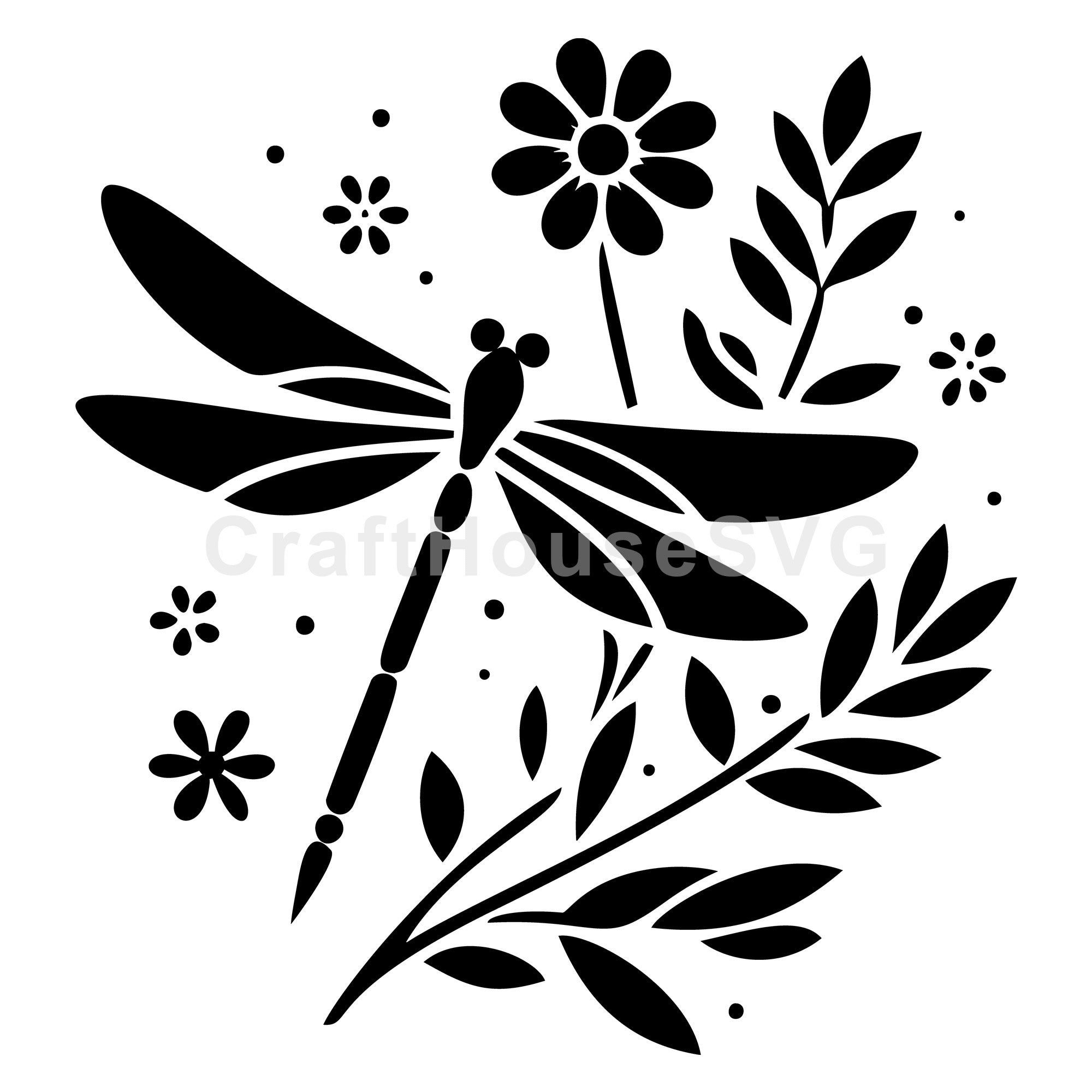 Dragonfly Silhouette Among Flowers SVG