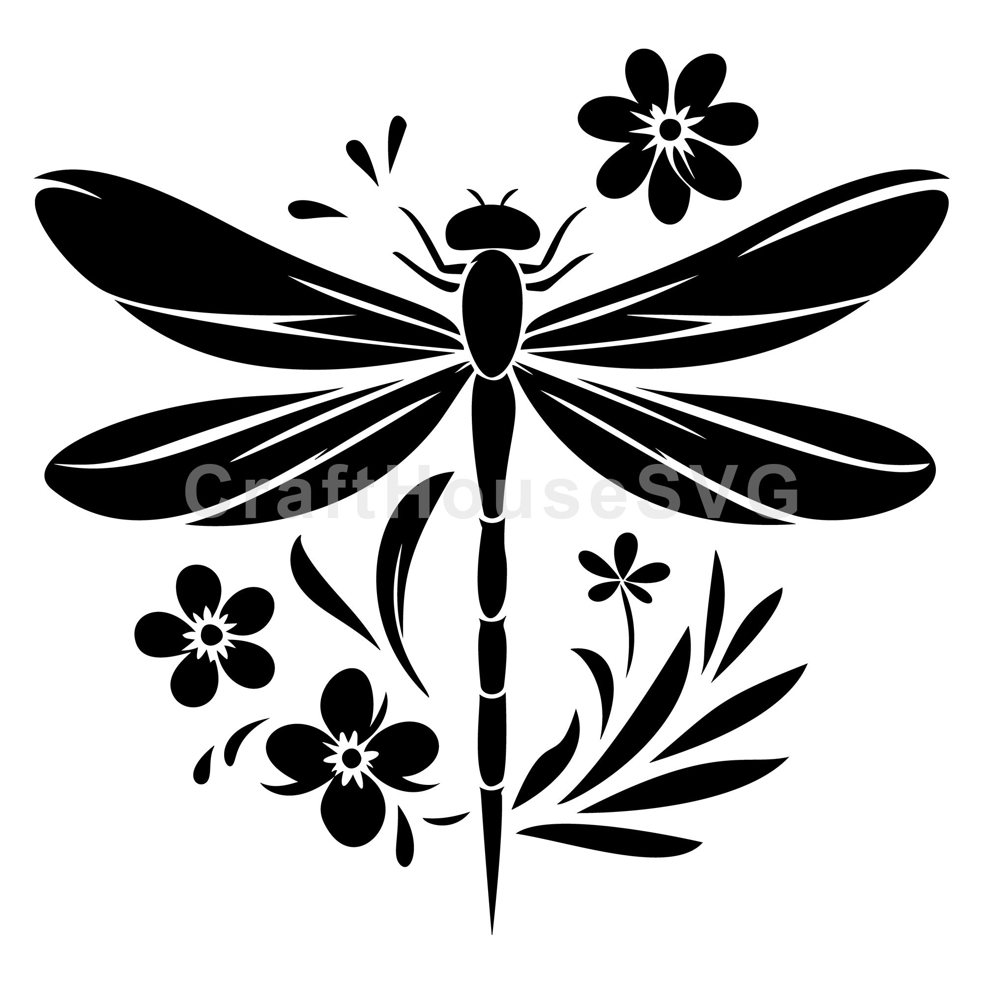 Graceful Dragonfly Silhouette with Blossoms SVG