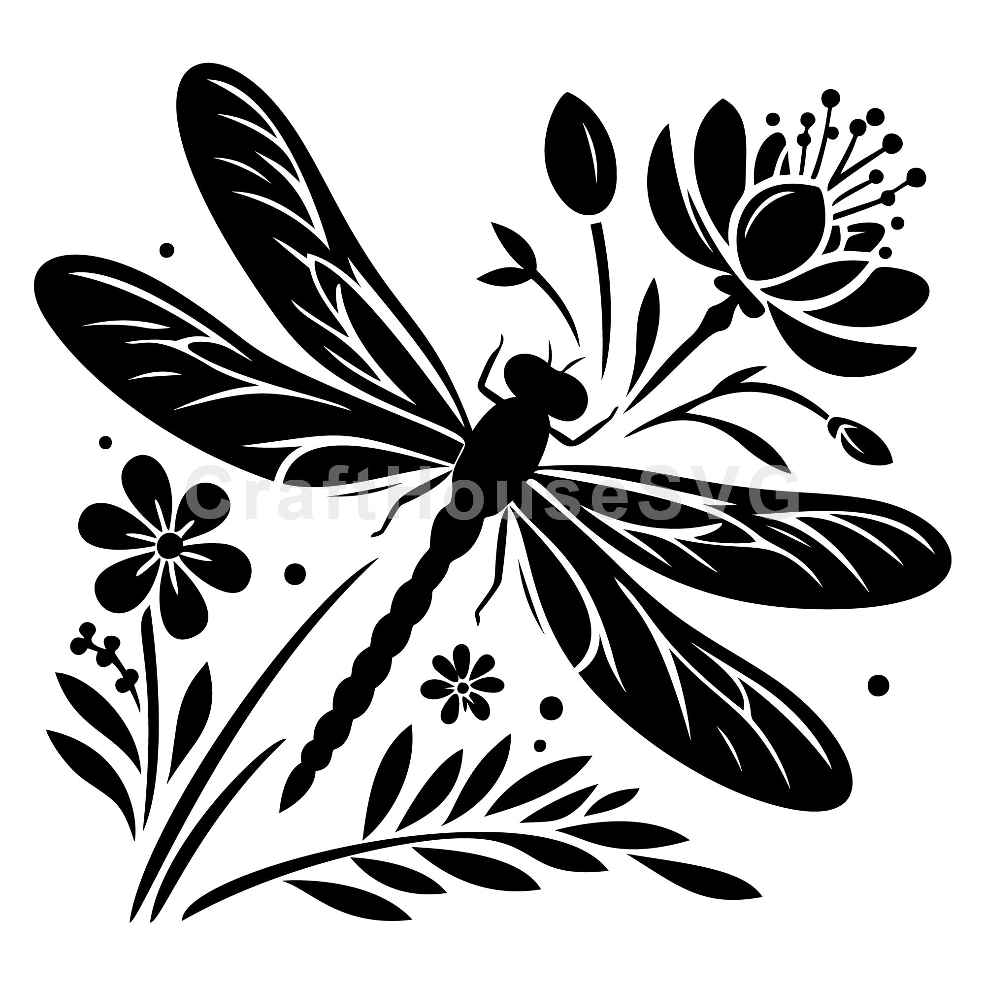 Dragonfly Silhouette with Floral Elements SVG