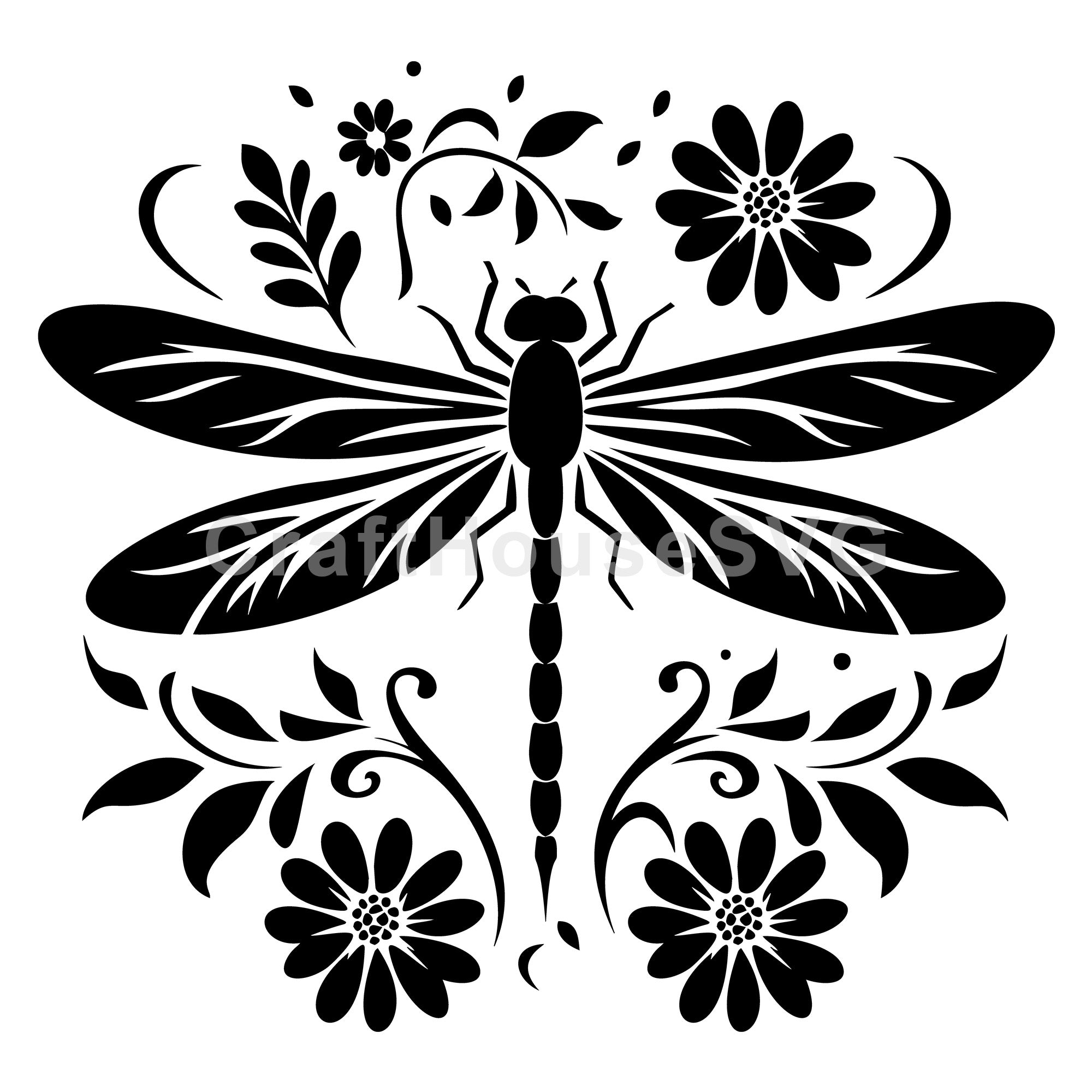 Intricate Dragonfly Silhouette with Floral Accents SVG