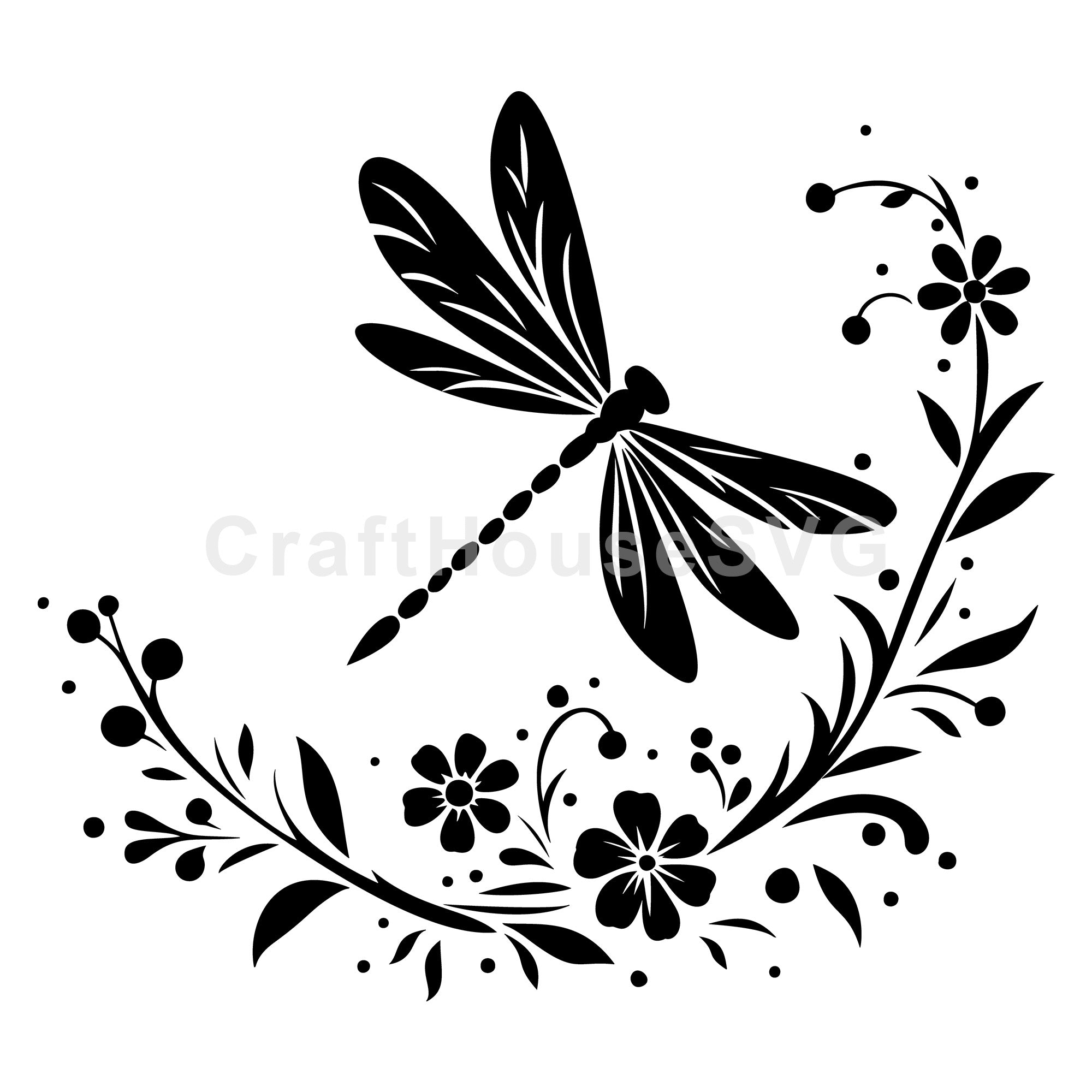 Whimsical Dragonfly Silhouette with Floral Vines SVG