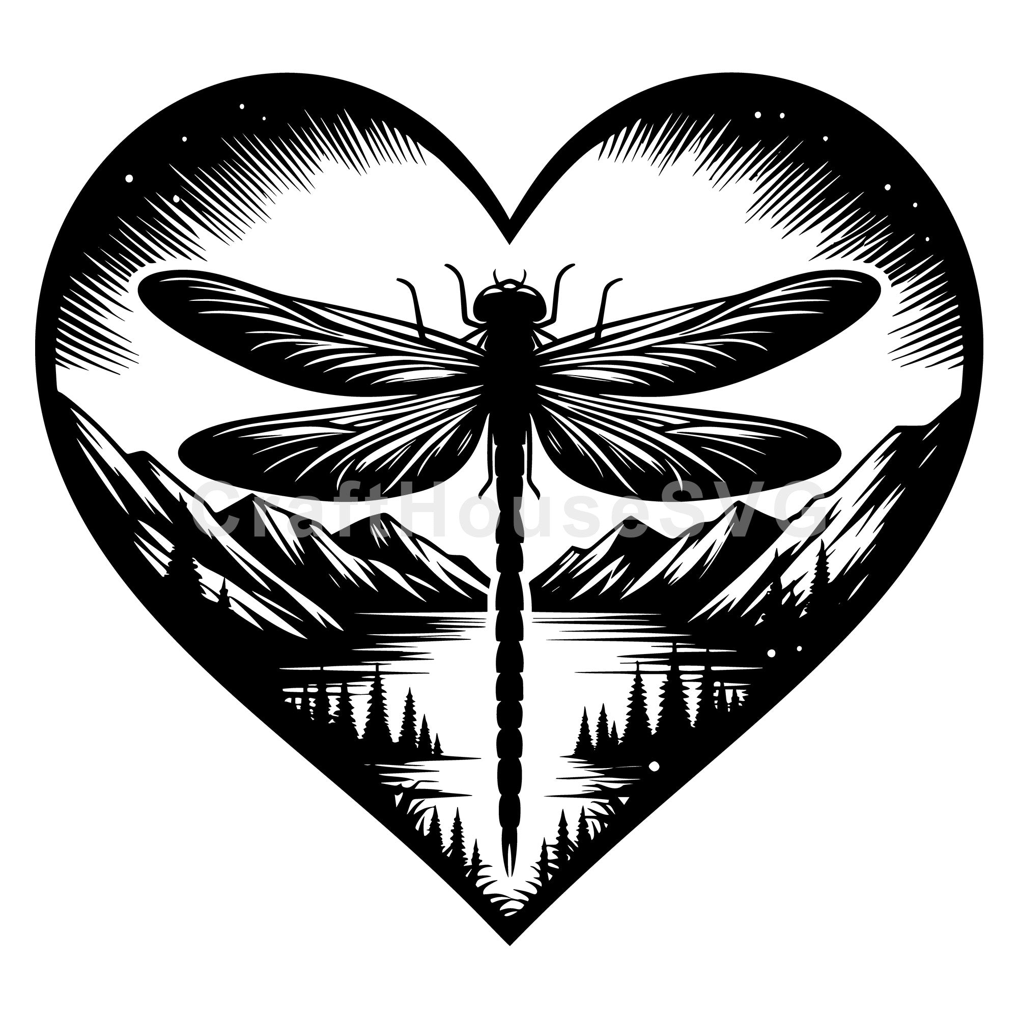 Dragonfly Silhouette in Heart with Mountains SVG