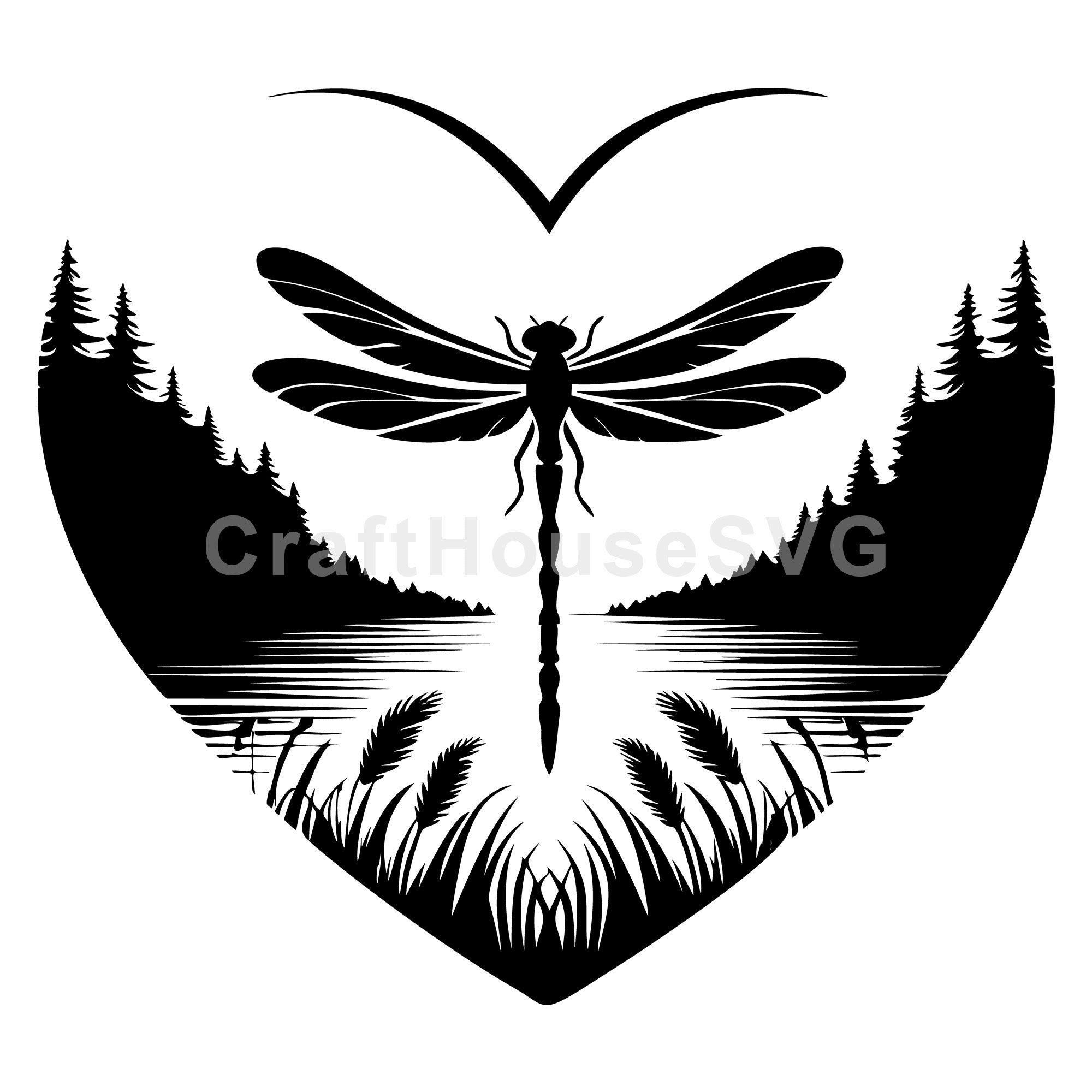 Dragonfly Silhouette with Forest and Lake SVG