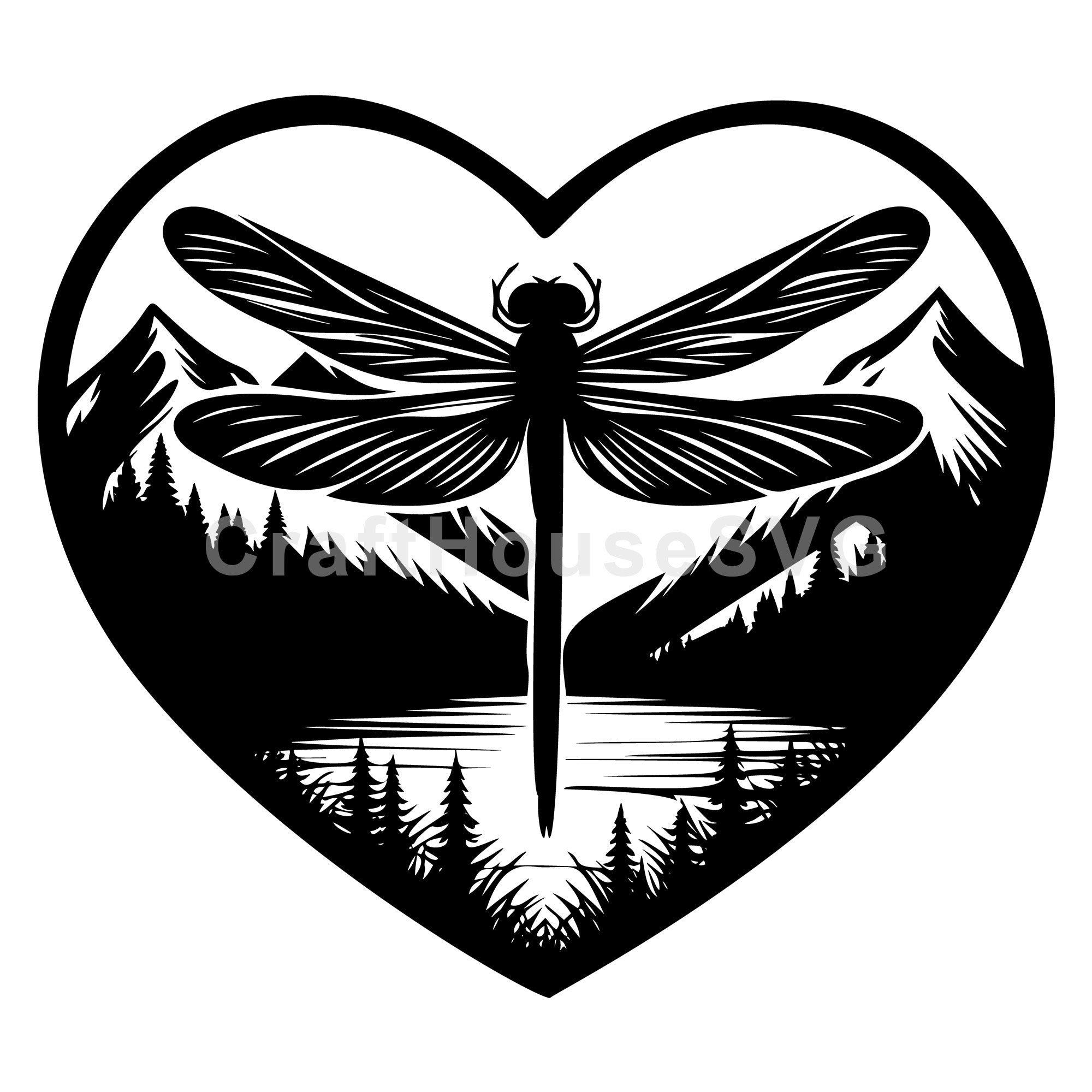 Dragonfly Silhouette with Mountain Lake Scene SVG