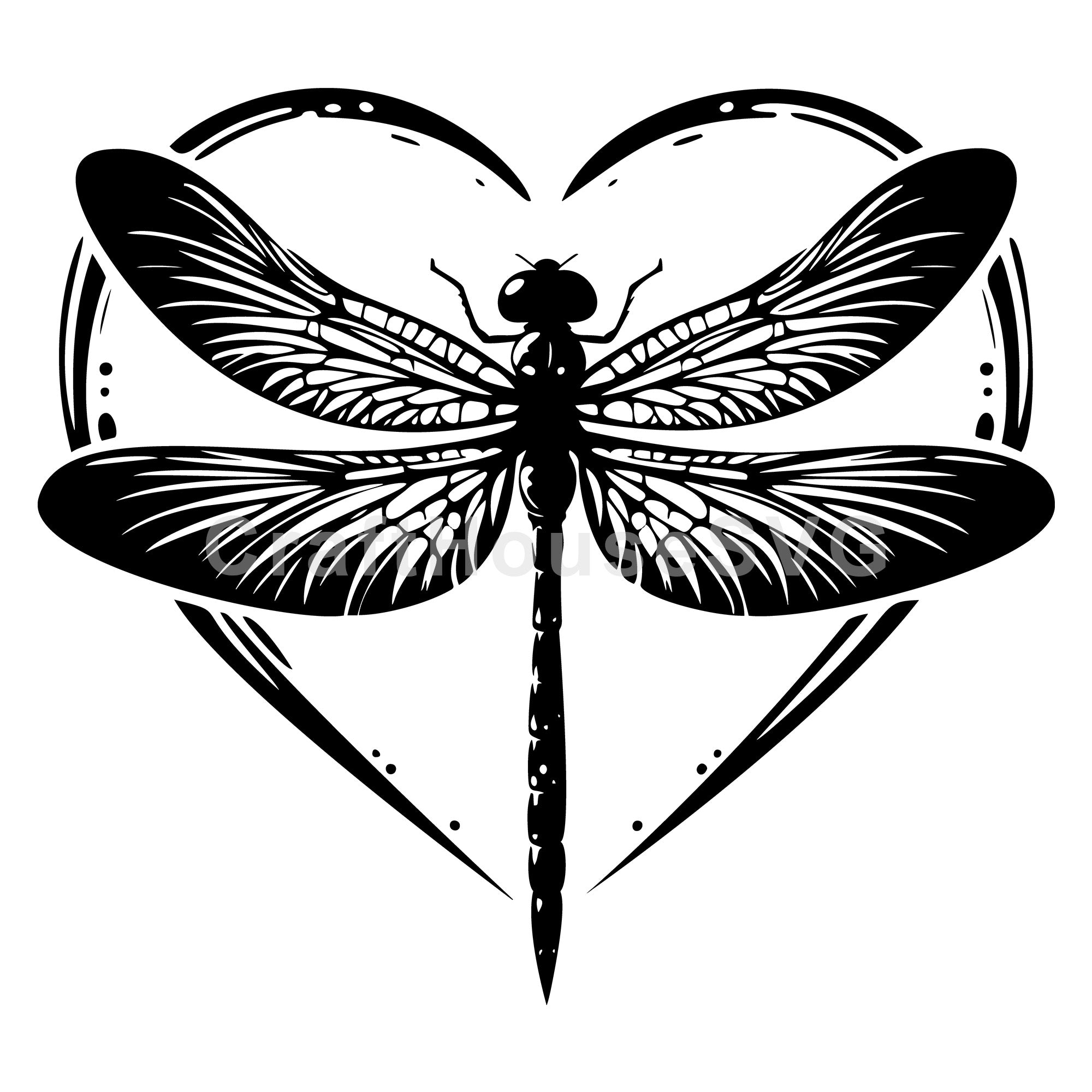 Detailed Dragonfly Silhouette with Heart Frame SVG