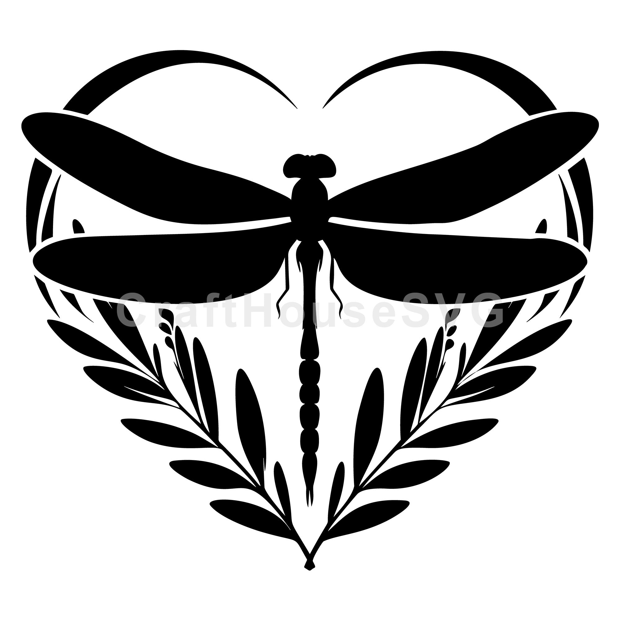 Simple Dragonfly Silhouette with Leaf Heart SVG