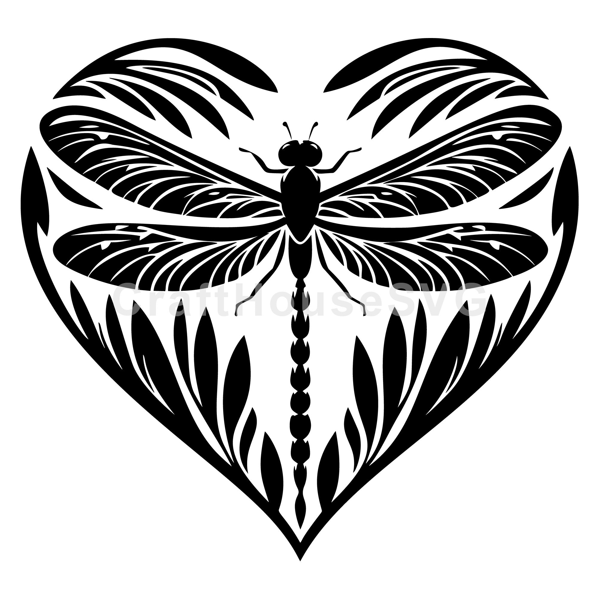 Intricate Dragonfly Silhouette with Leafy Heart SVG