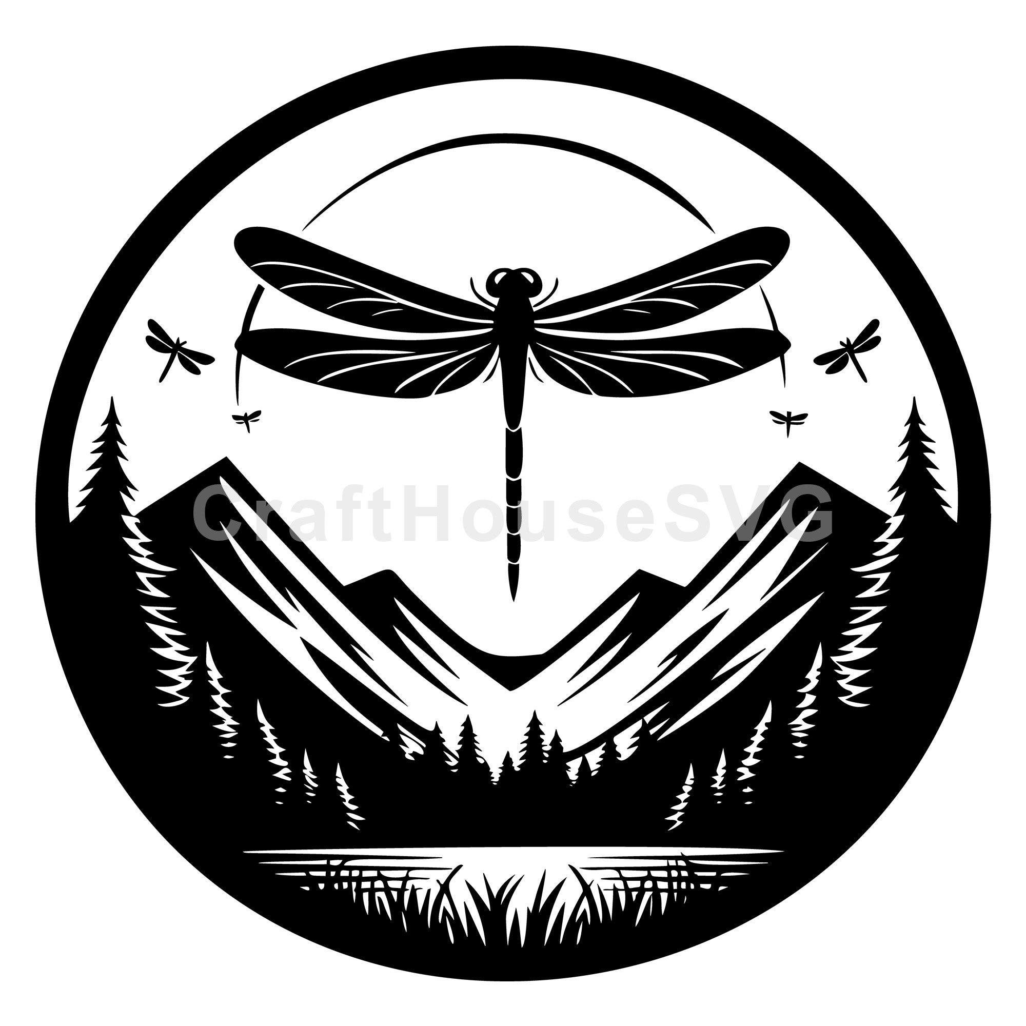 Dragonfly Silhouette with Flying Dragonflies SVG