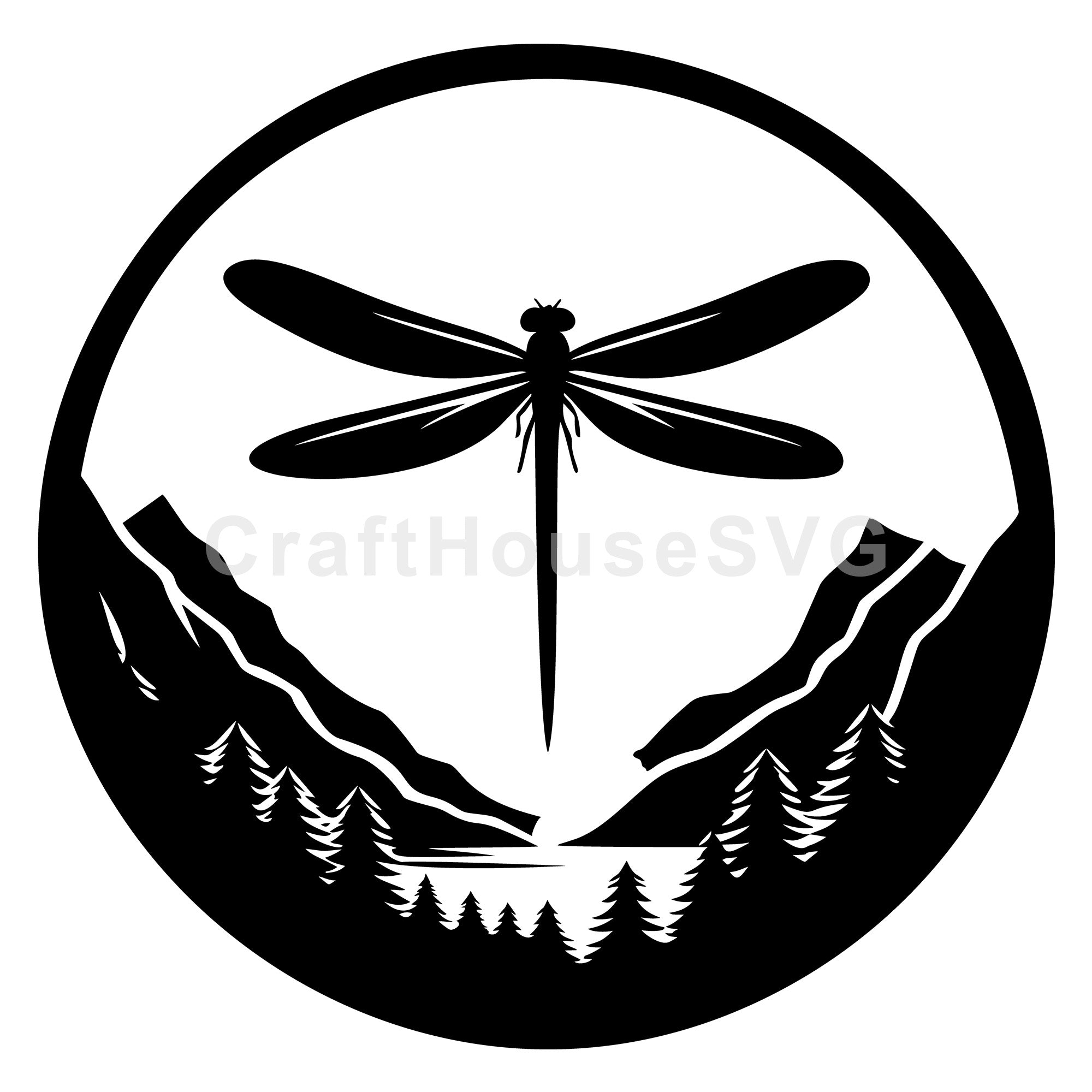 Dragonfly Silhouette Above Mountains and Lake SVG