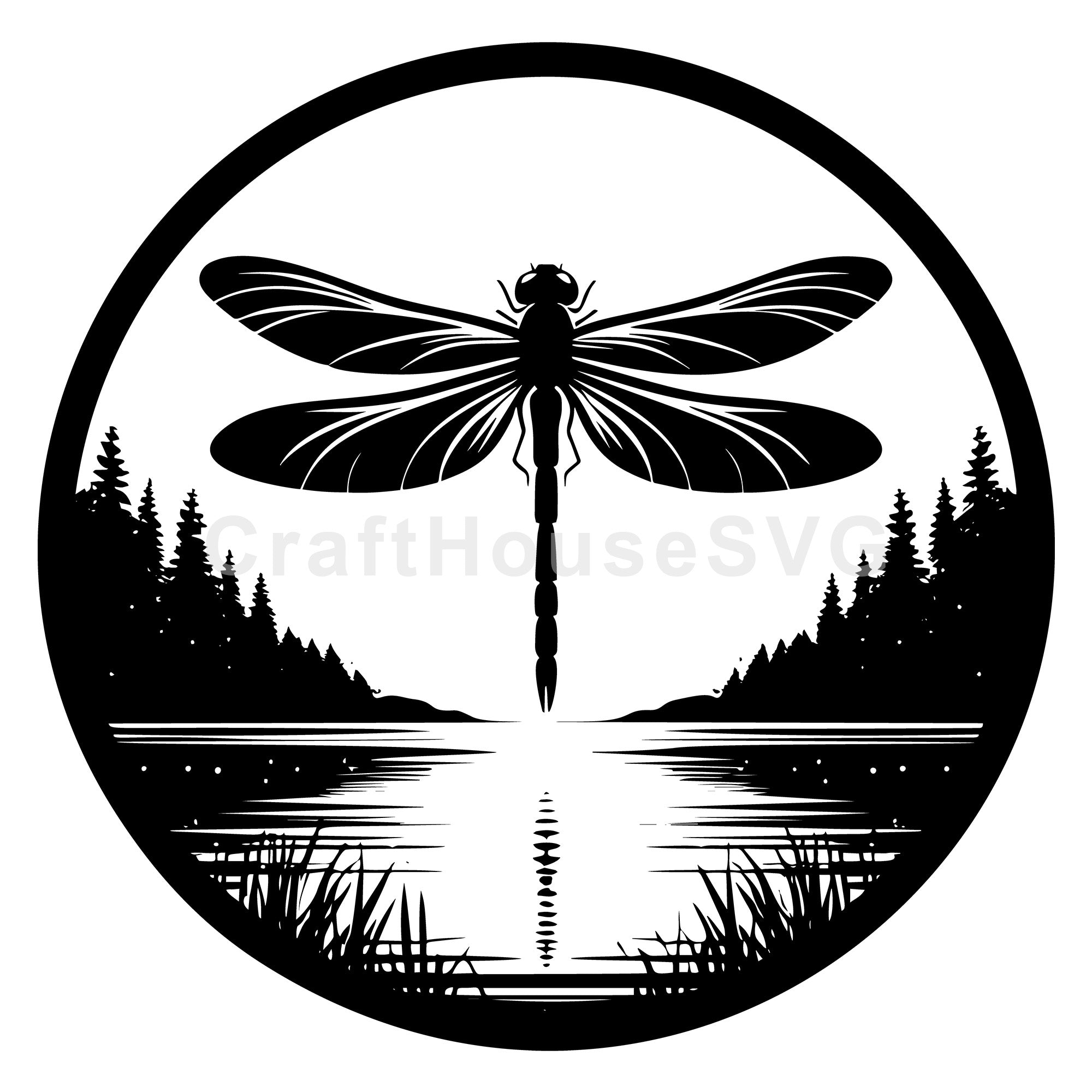 Dragonfly Silhouette Above Calm Lake SVG