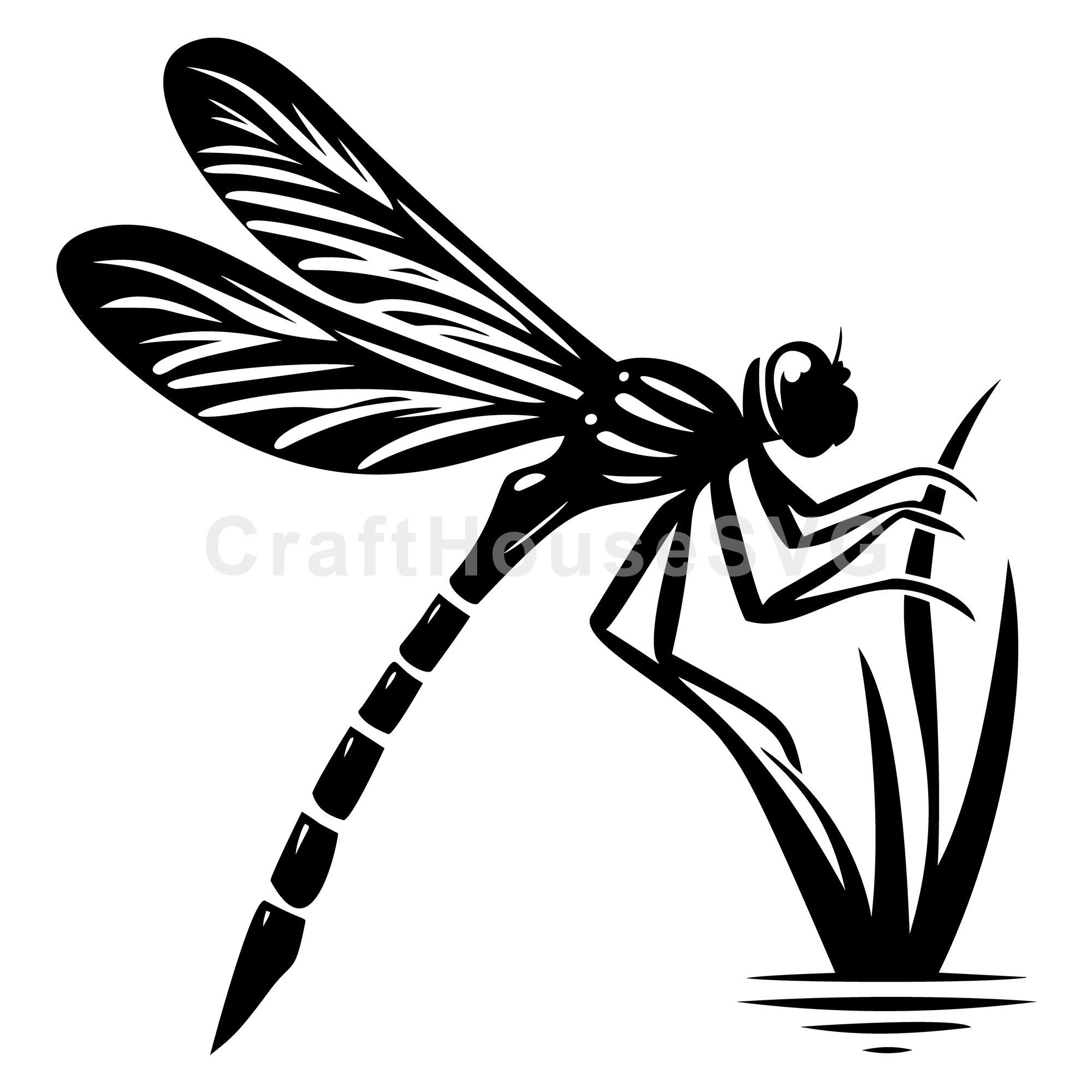 Dragonfly Silhouette Perched on Grass SVG