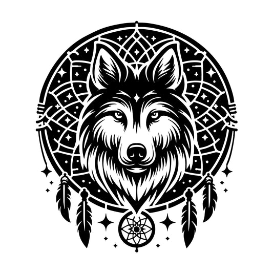 Dreamcatcher Wolf Head SVG design for Cricut, Silhouette, laser cutting, vinyl, sublimation, and craft projects.