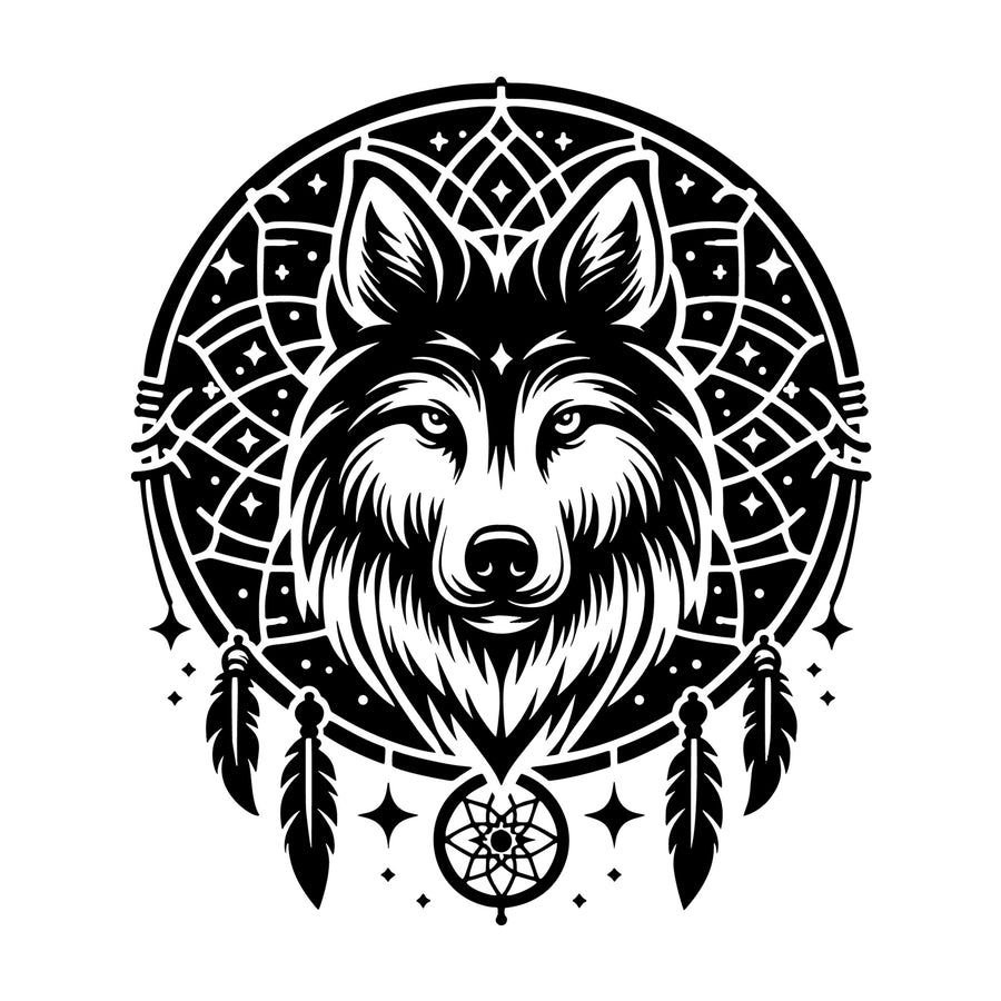 Dreamcatcher Wolf Head SVG design for Cricut, Silhouette, laser cutting, vinyl, sublimation, and craft projects.