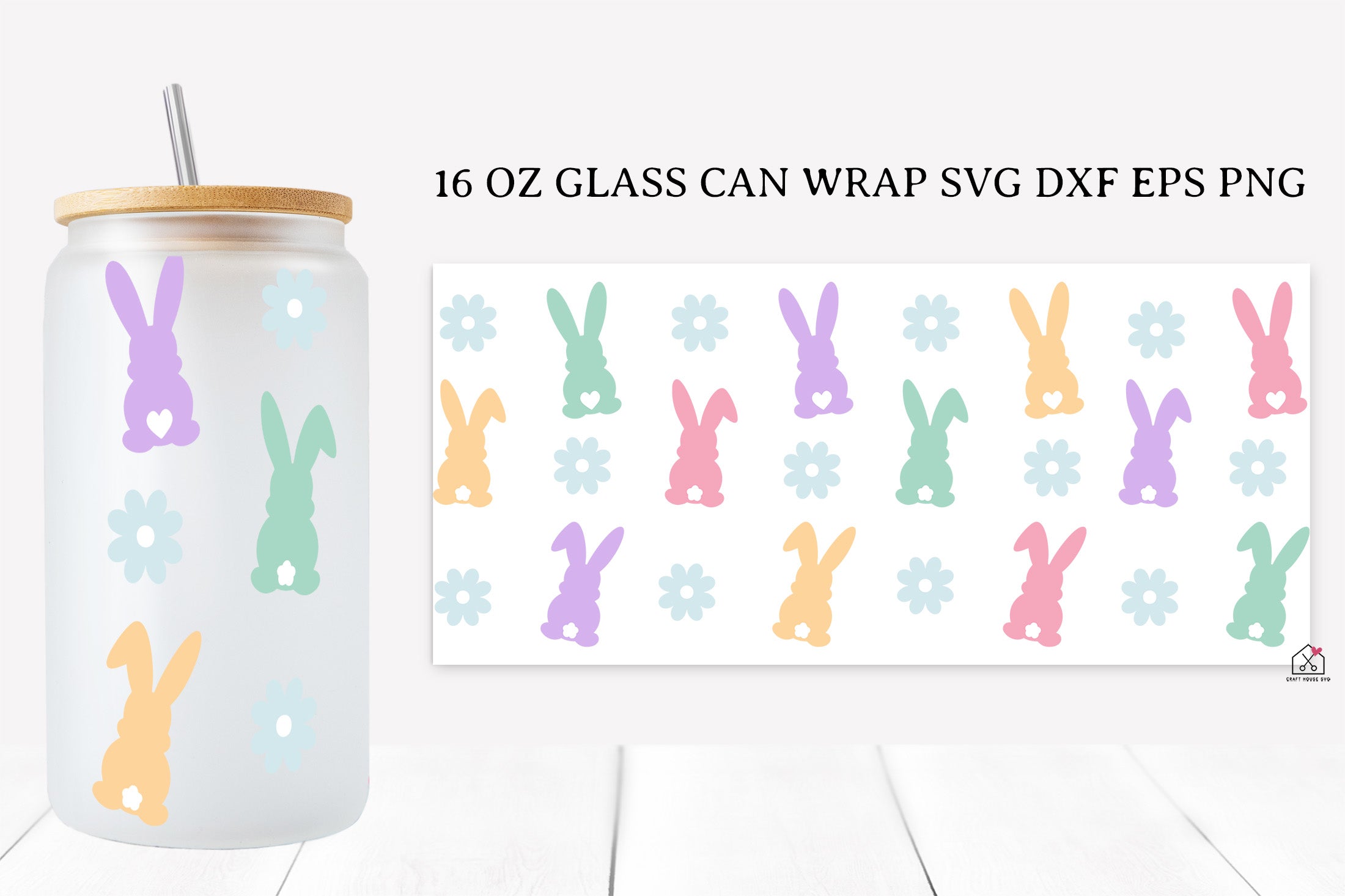 Easter 16 Oz Glass Can Wrap SVG Bundle Bunny PNG SVG Cut Files