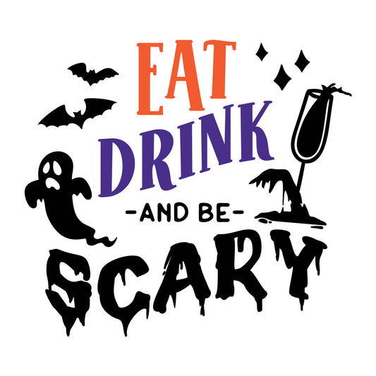 Eat Drink And Be Merry SVG design for Cricut, Silhouette, laser cutting, vinyl, sublimation, and Halloween craft projects.