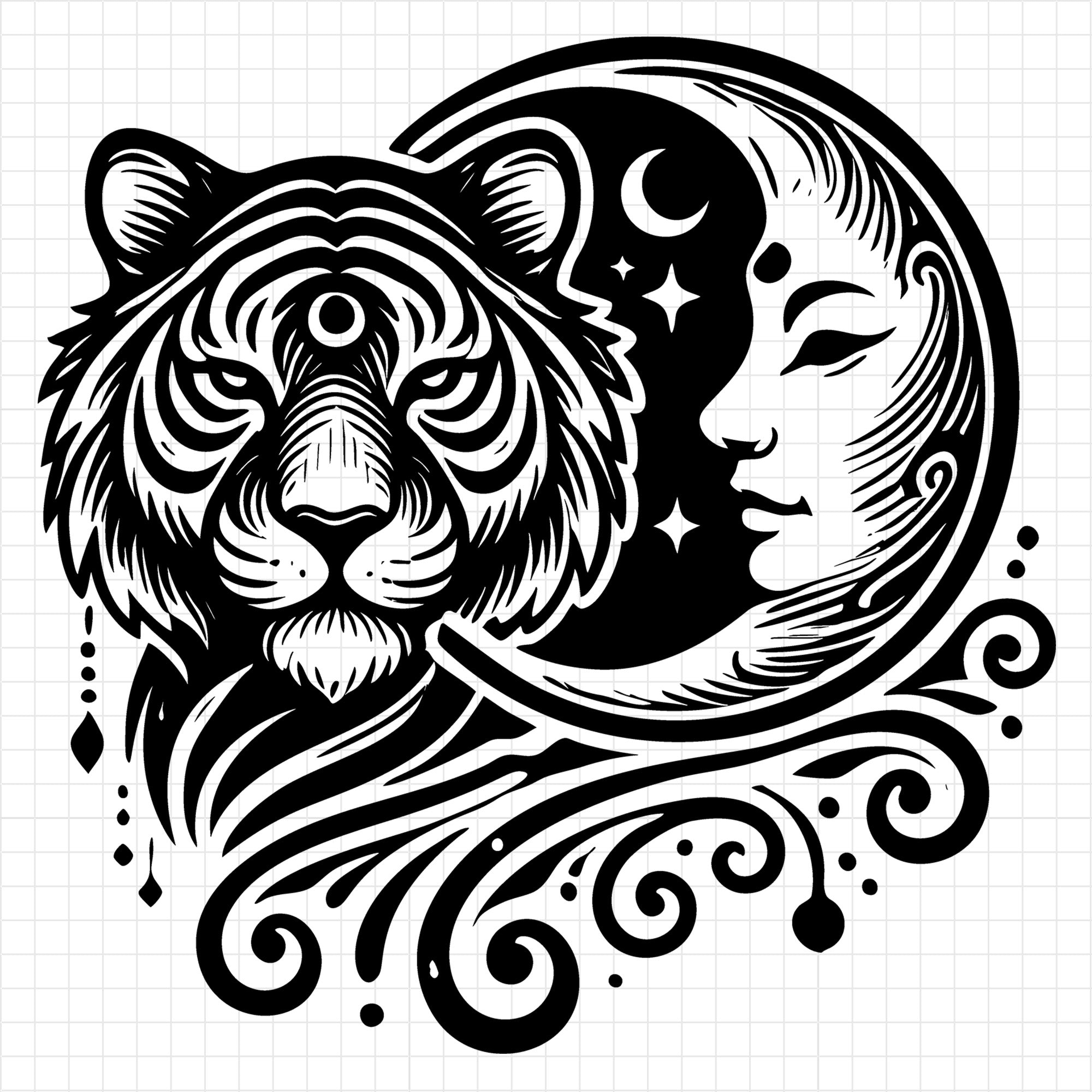 Ethereal Moon and Tiger Silhouette with Flowing Patterns SVG