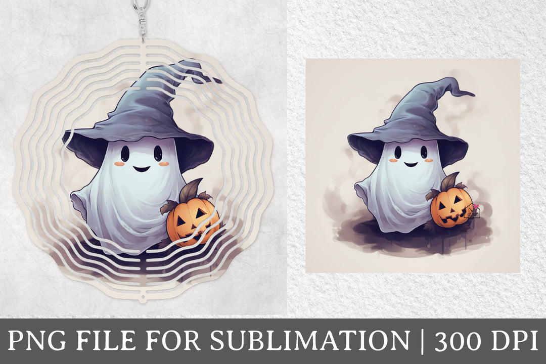 FREE Cute Ghost with Witch Hat Sublimation Halloween Wind Spinner Design PNG
