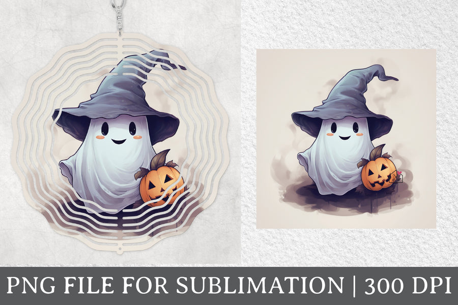FREE Cute Ghost with Witch Hat Sublimation Halloween Wind Spinner Design PNG - Craft House SVG