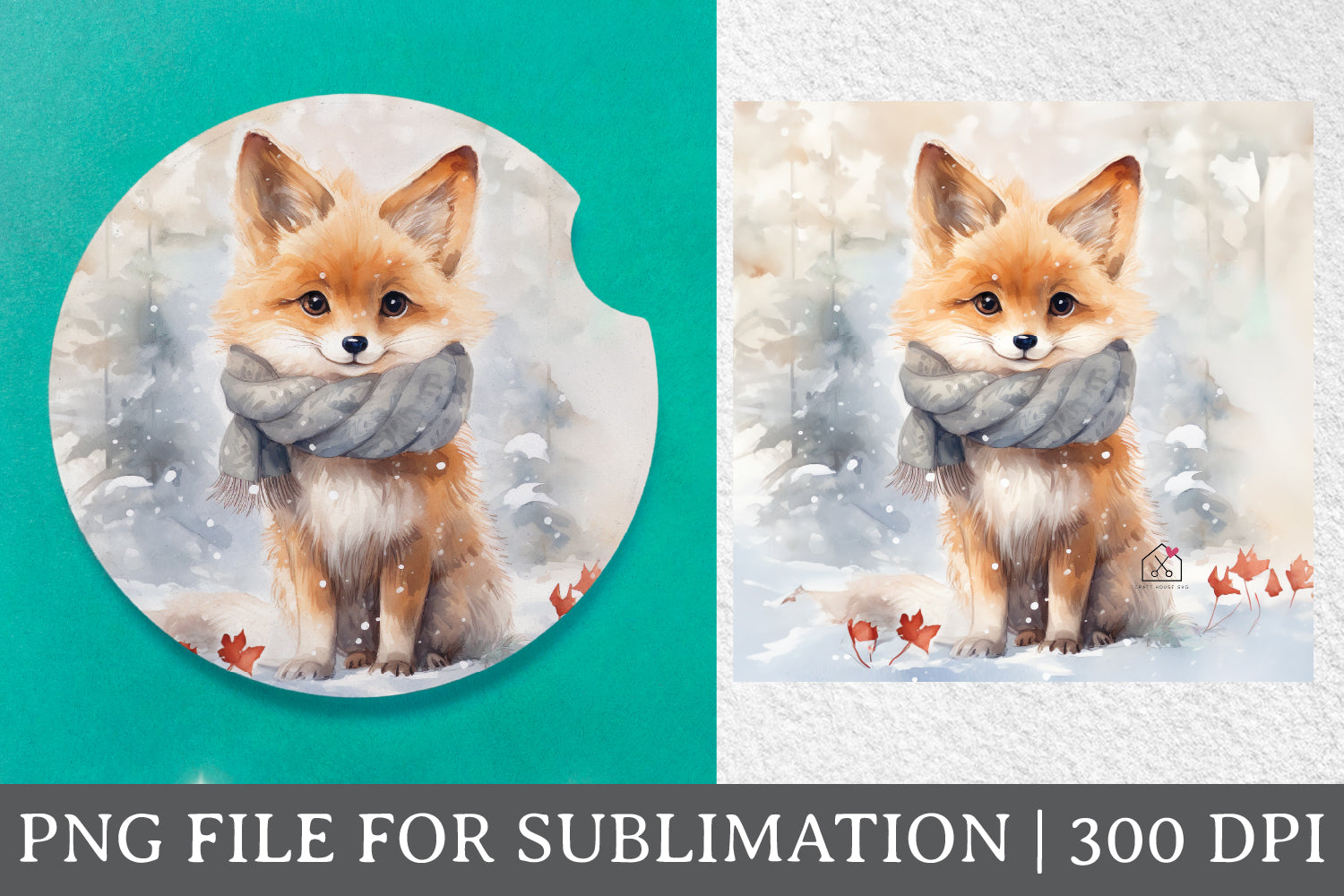 FREE Cute Fox Sublimation Coaster Design Winter PNG
