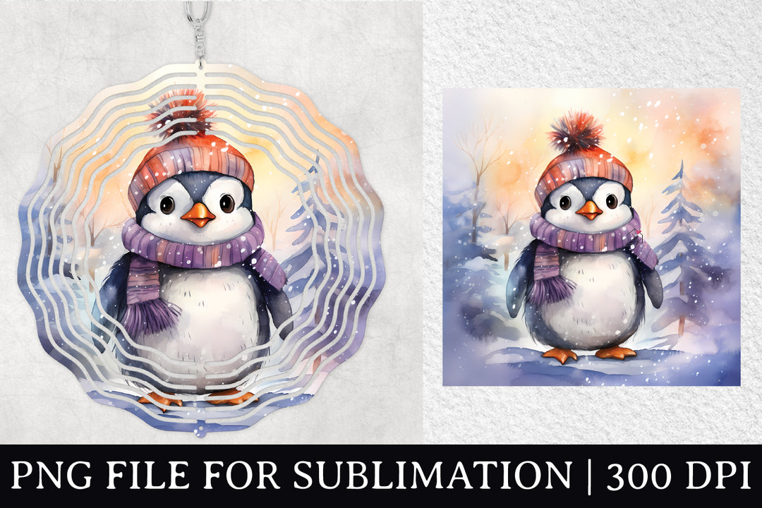 FREE Penguin Watercolor Sublimation Winter Wind Spinner Design PNG