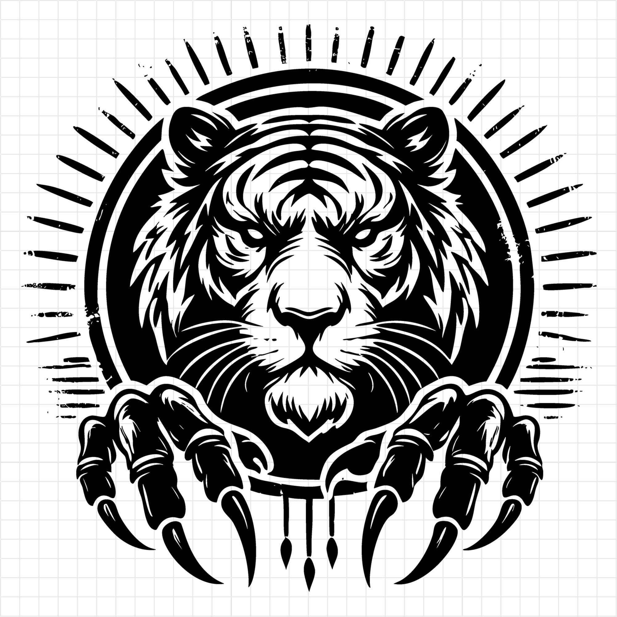 Fierce Tiger Face with Claws and Sunburst SVG