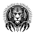 Fierce Tiger Face with Claws and Sunburst SVG design for Cricut, Silhouette, laser cutting, vinyl, sublimation, and craft projects.