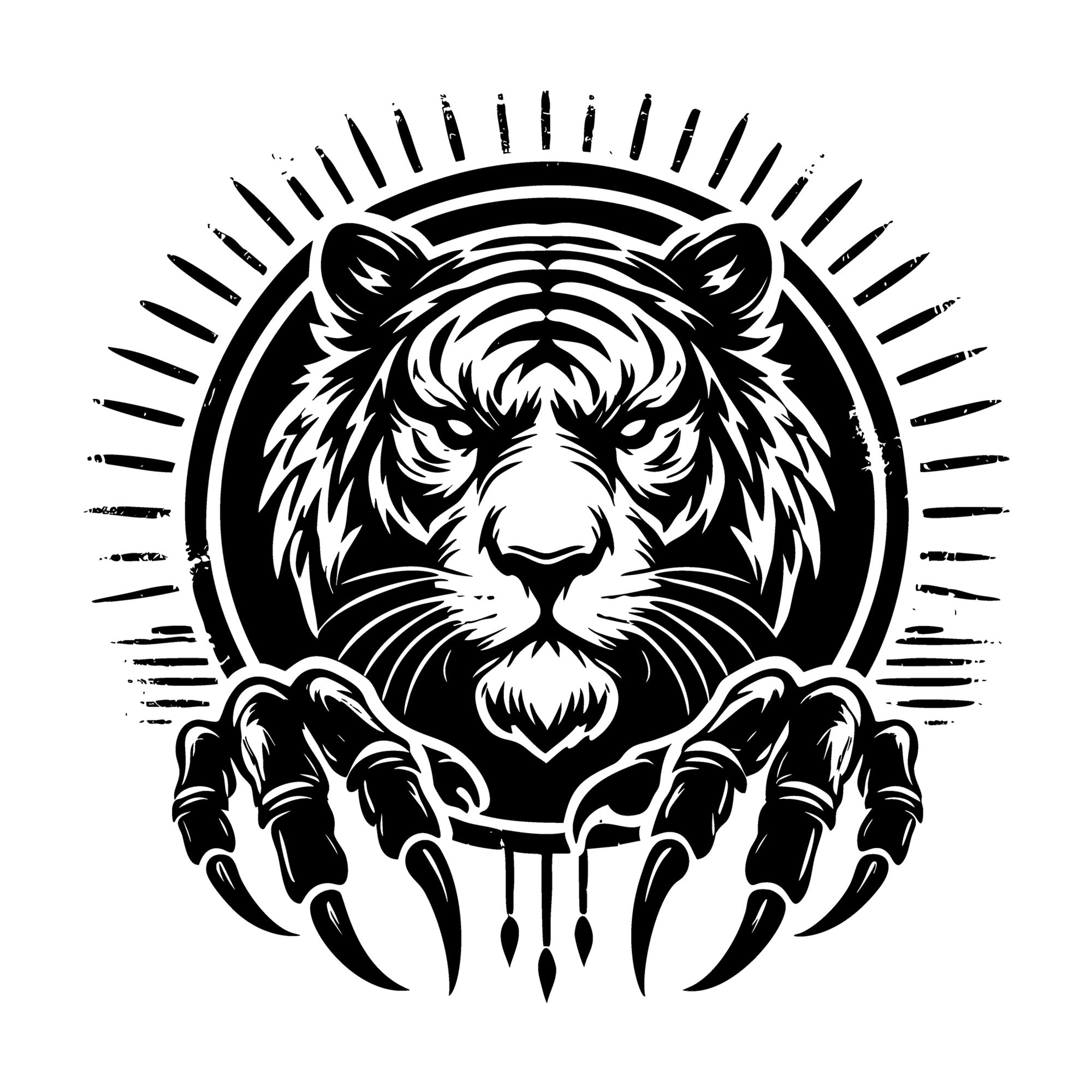 Fierce Tiger Face with Claws and Sunburst SVG design for Cricut, Silhouette, laser cutting, vinyl, sublimation, and craft projects.