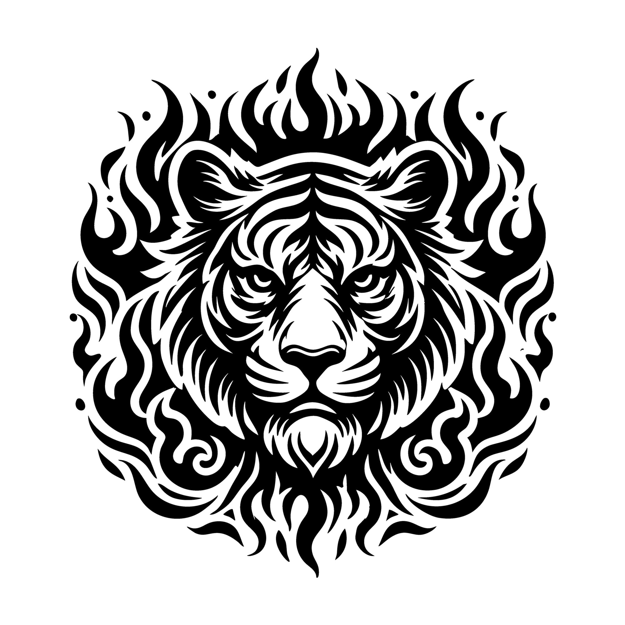 Fierce Tiger with Fiery Flames SVG design for Cricut, Silhouette, laser cutting, vinyl, sublimation, and craft projects.