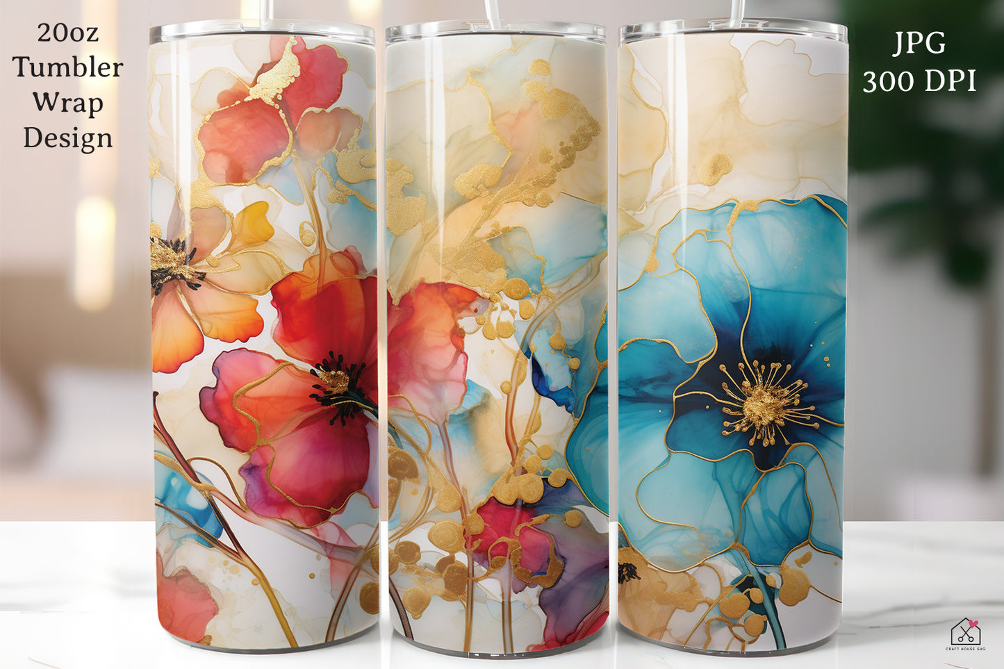 Floral Alcohol Ink 20oz Tumbler Wrap Bundle Sublimation Designs JPG