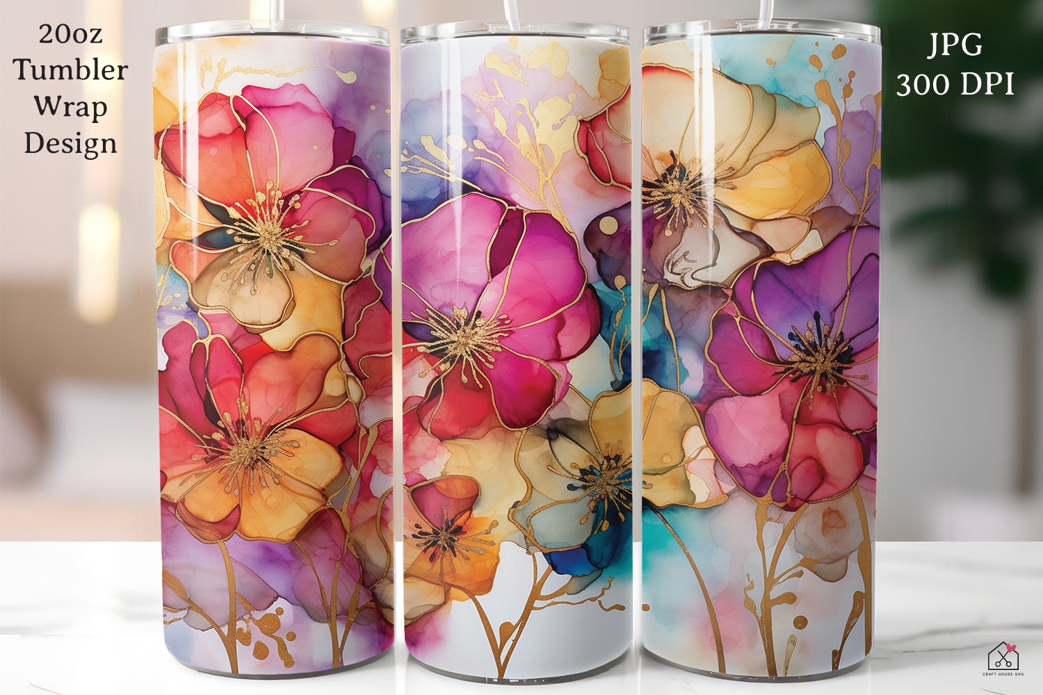 Floral Alcohol Ink 20oz Tumbler Wrap Bundle Sublimation Designs JPG