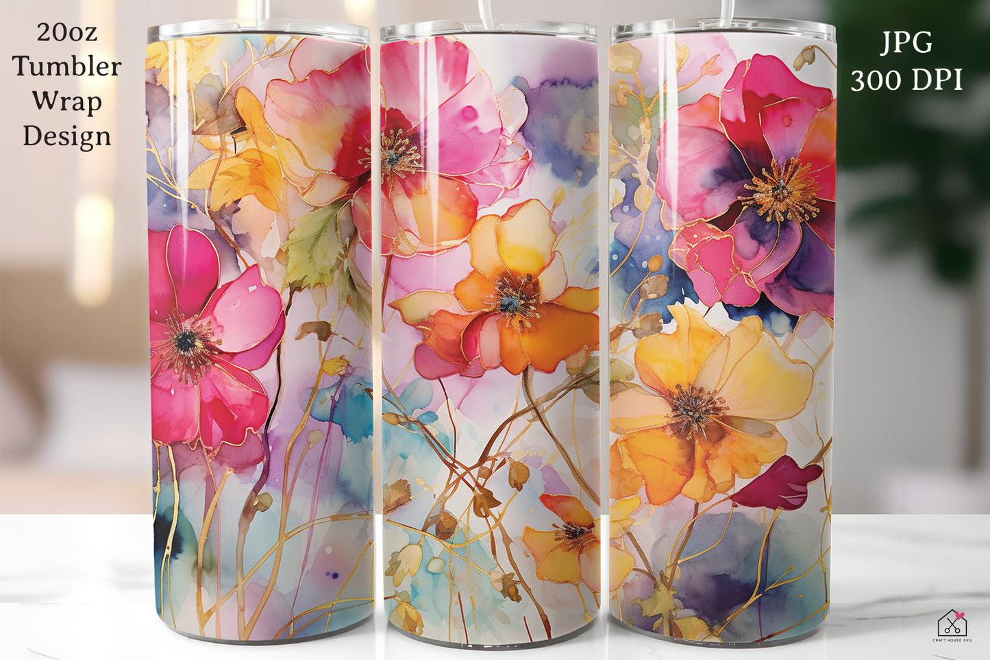 Floral Alcohol Ink 20oz Tumbler Wrap Bundle Sublimation Designs JPG