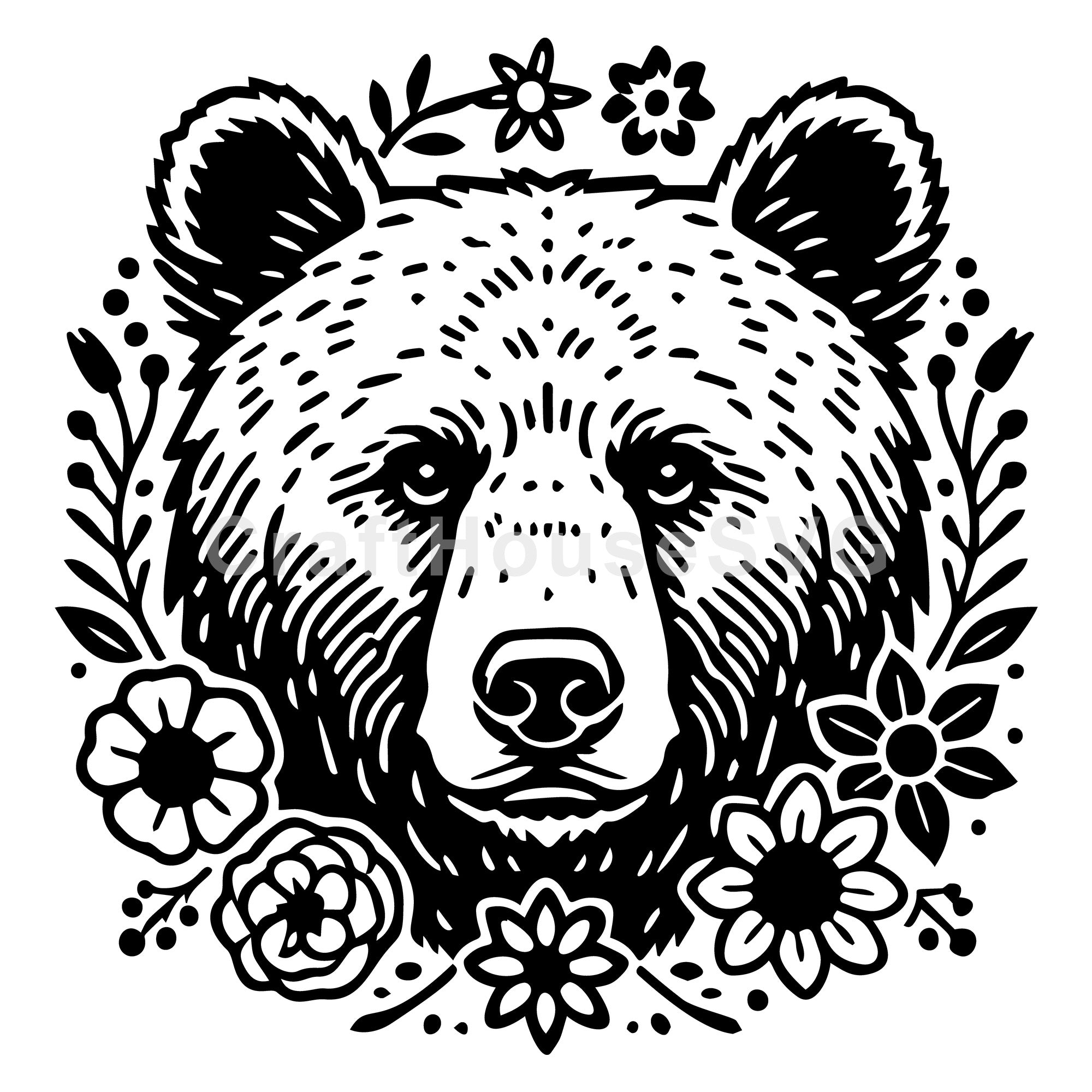 Floral Grizzly Bear Head With Flowers SVG