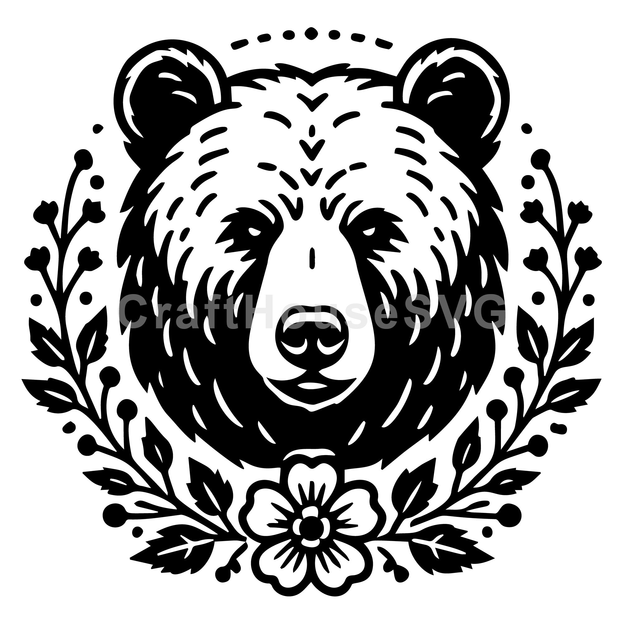 Floral Bear Head With Decorative Elements SVG