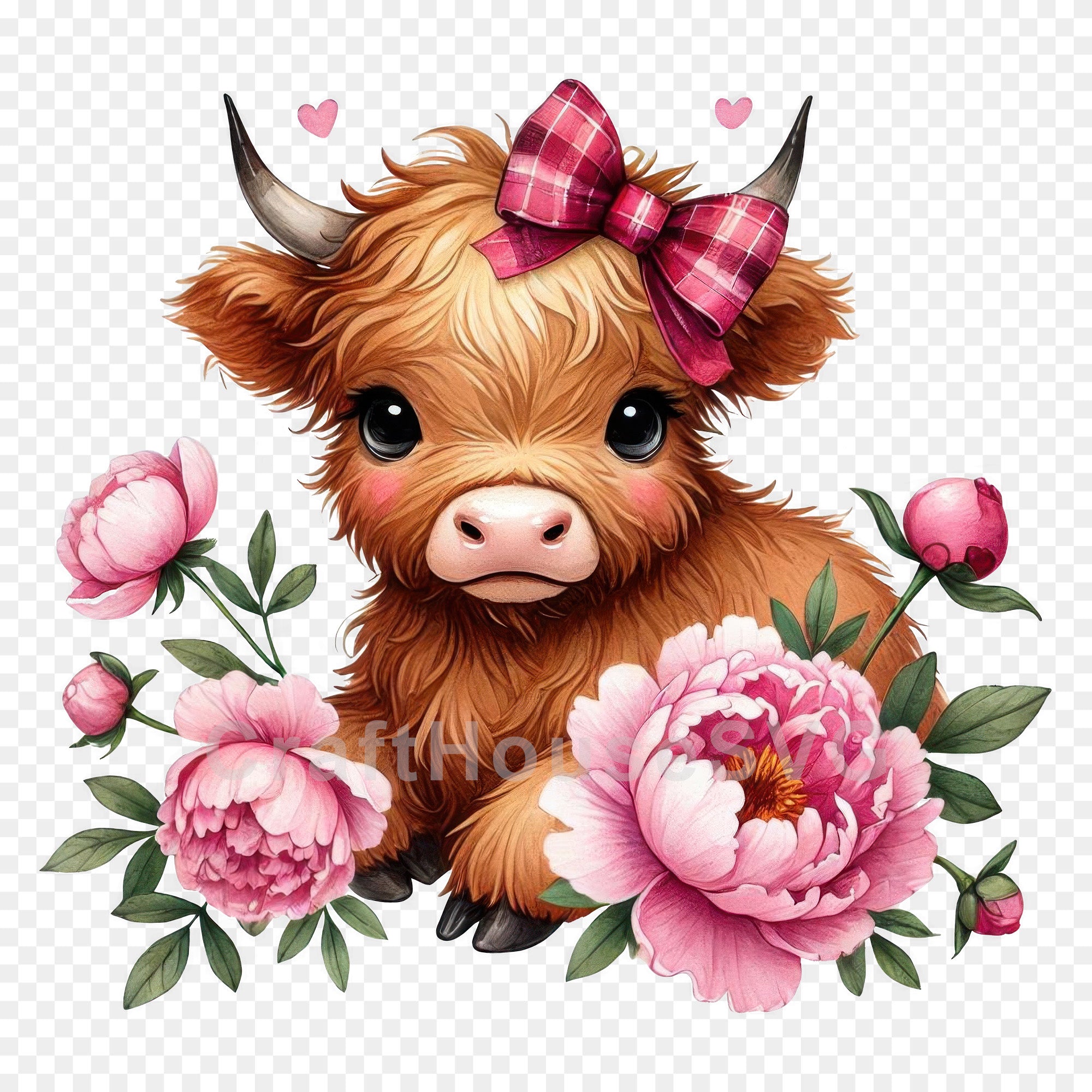 Pink Floral Highland Cow with Plaid Bow PNG | Sublimation Design