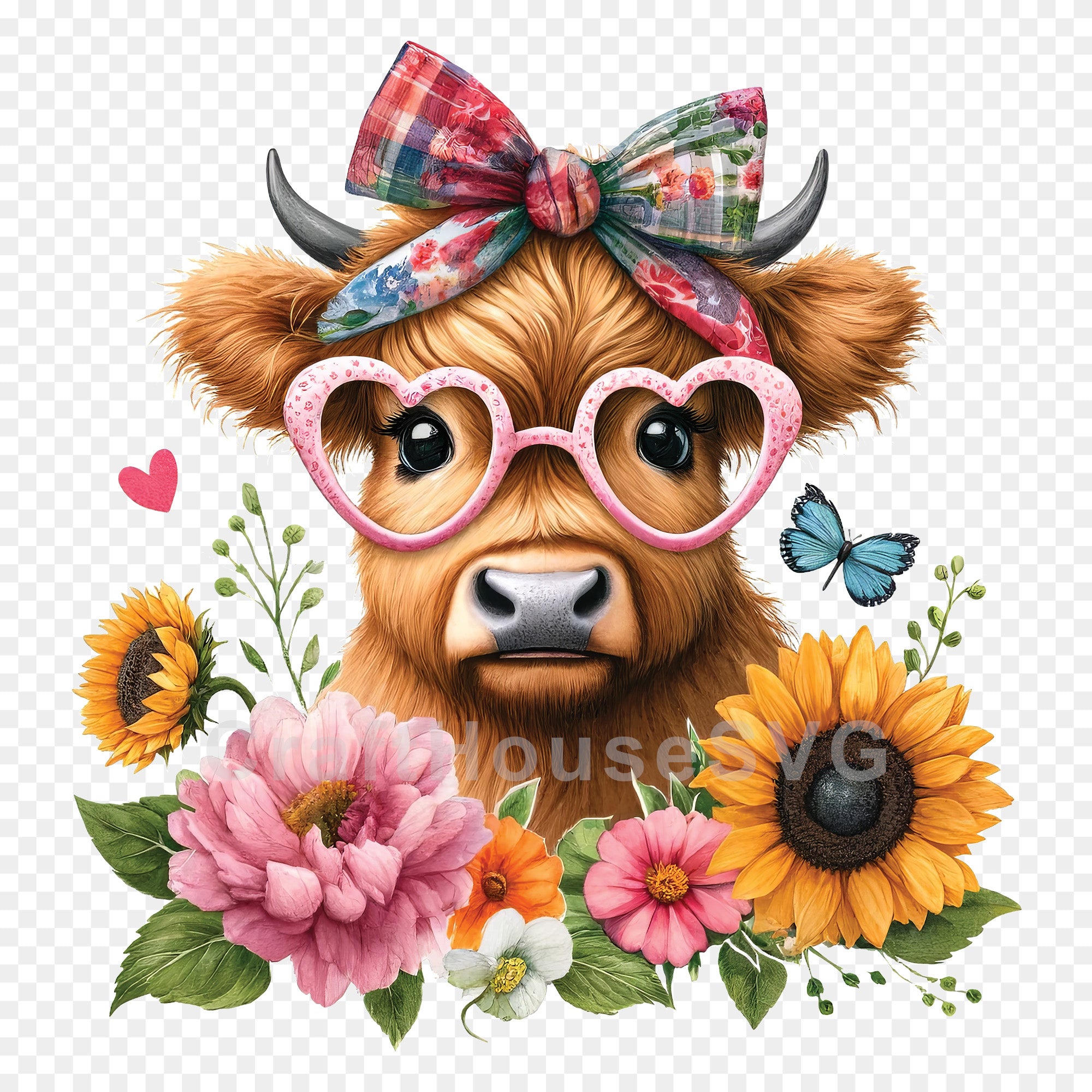 Floral Highland Cow Glasses PNG