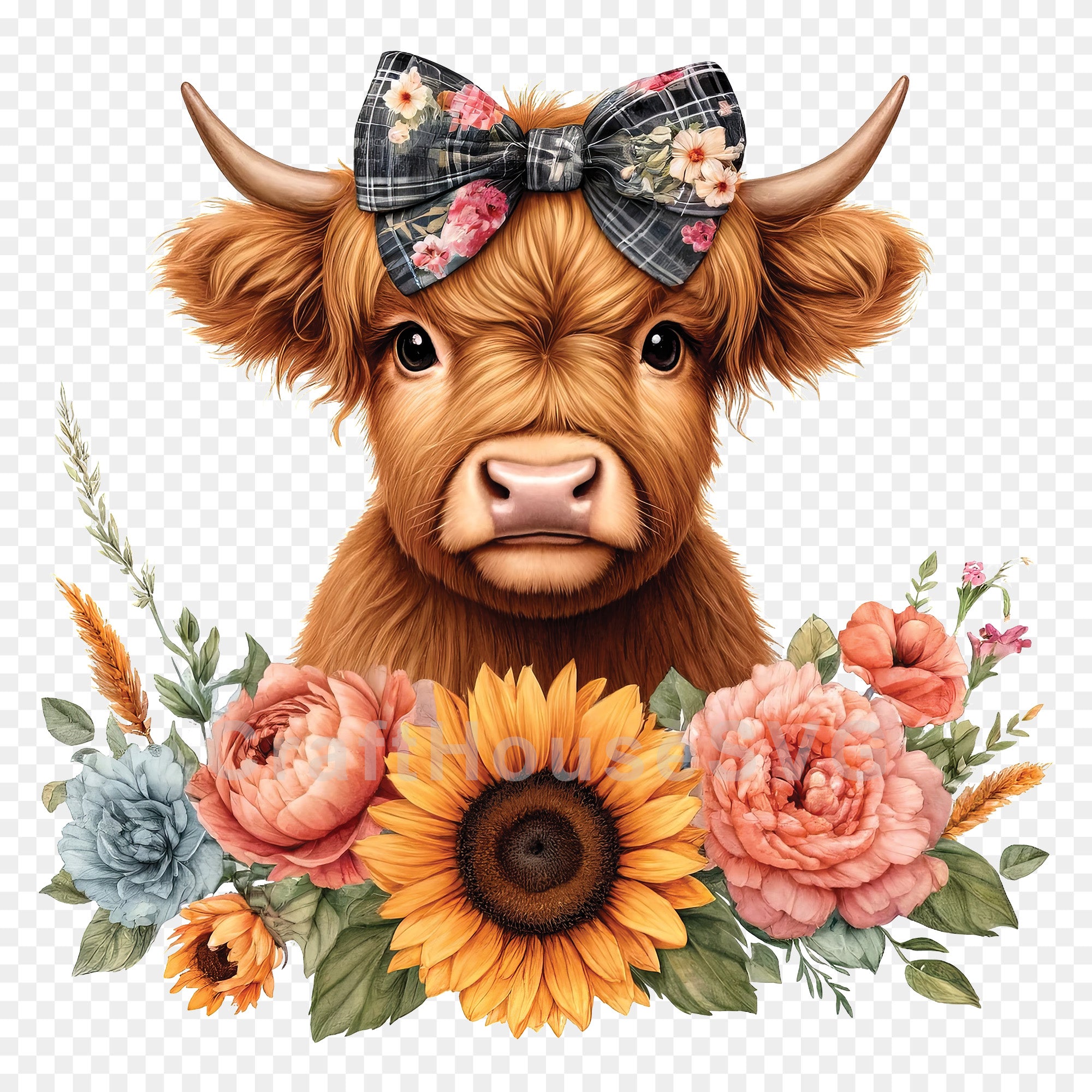 Floral Highland Cow Bow PNG