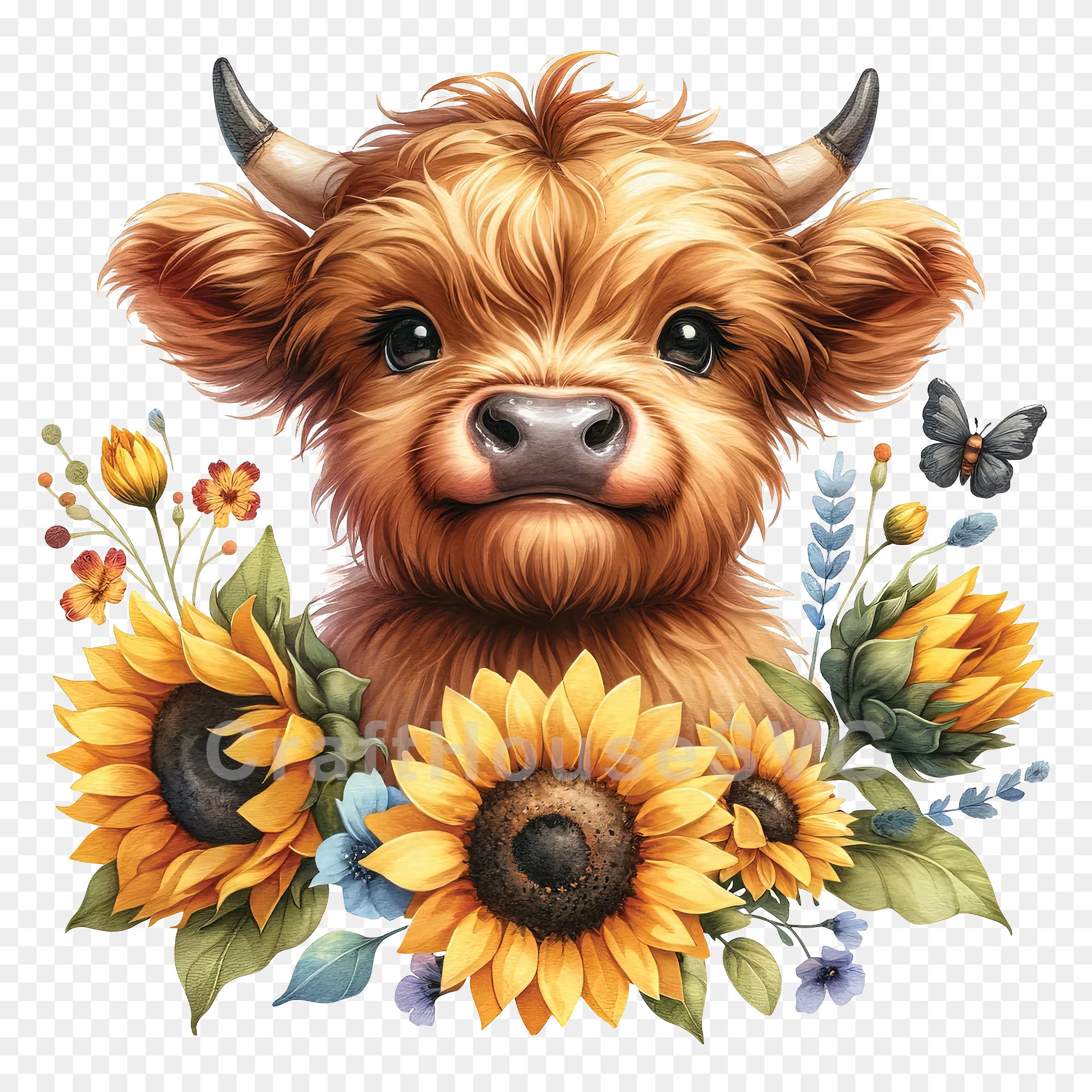 Cute Highland Cow Sunflowers PNG