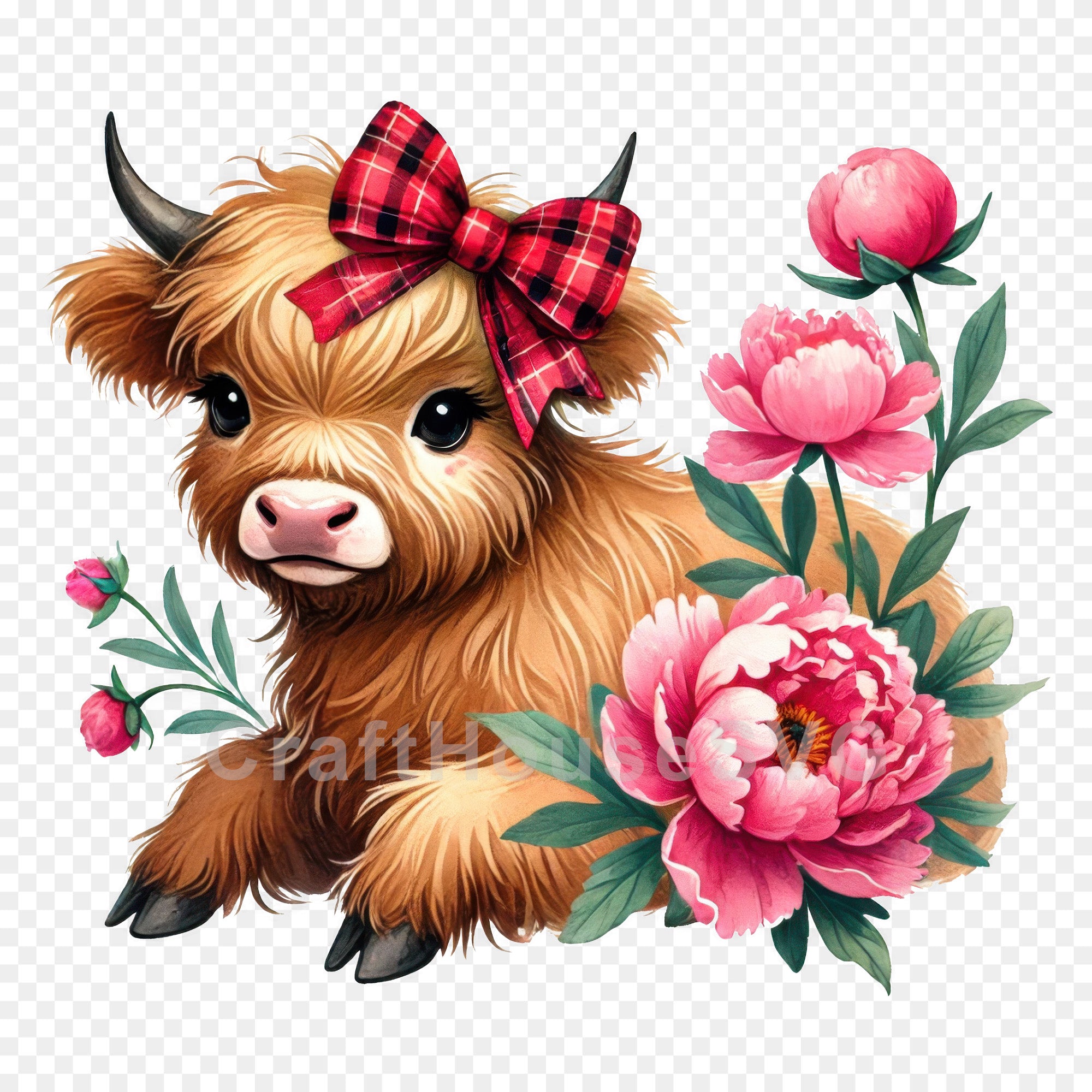 Cute Highland Cow Peony PNG