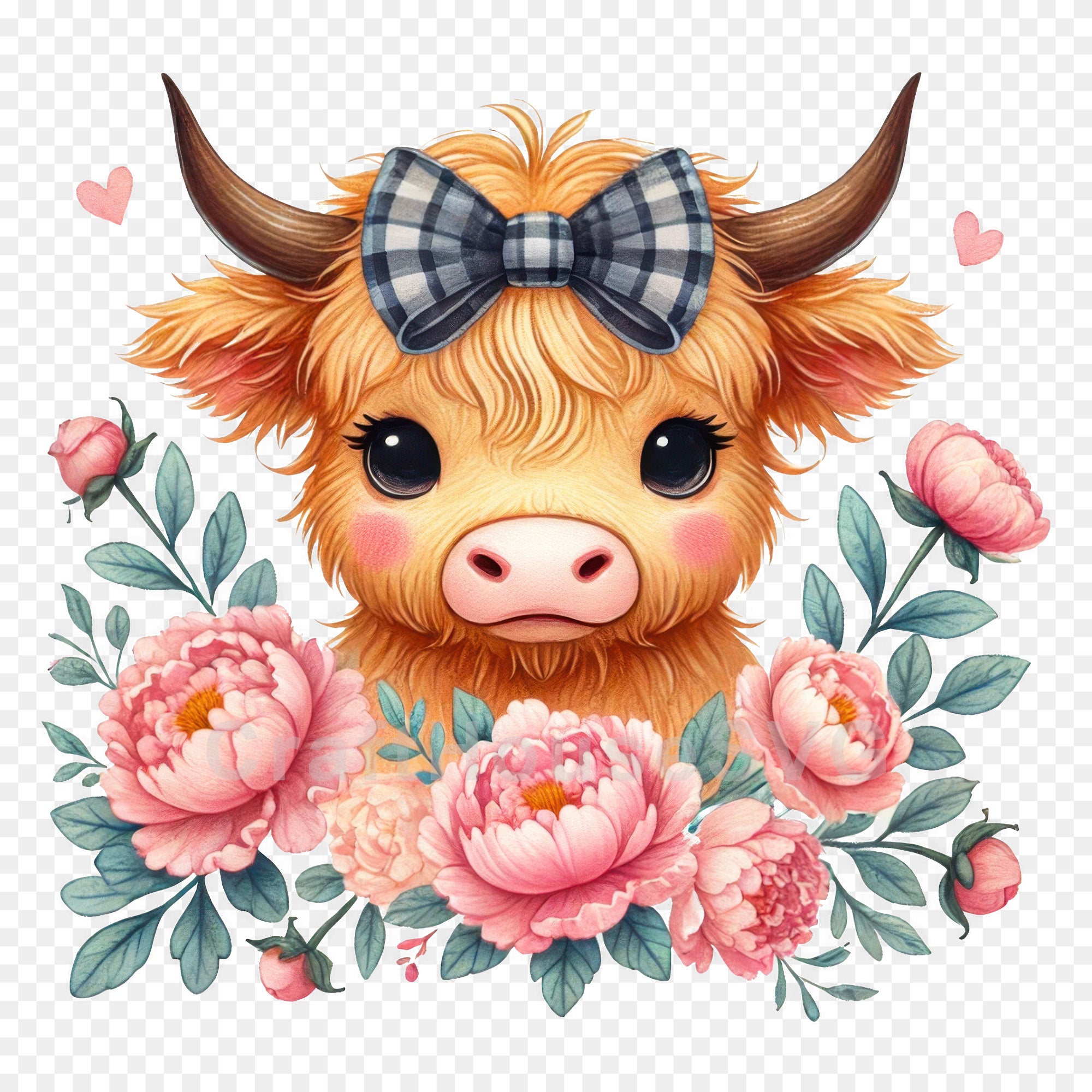 Adorable Highland Cow with Pink Peonies PNG