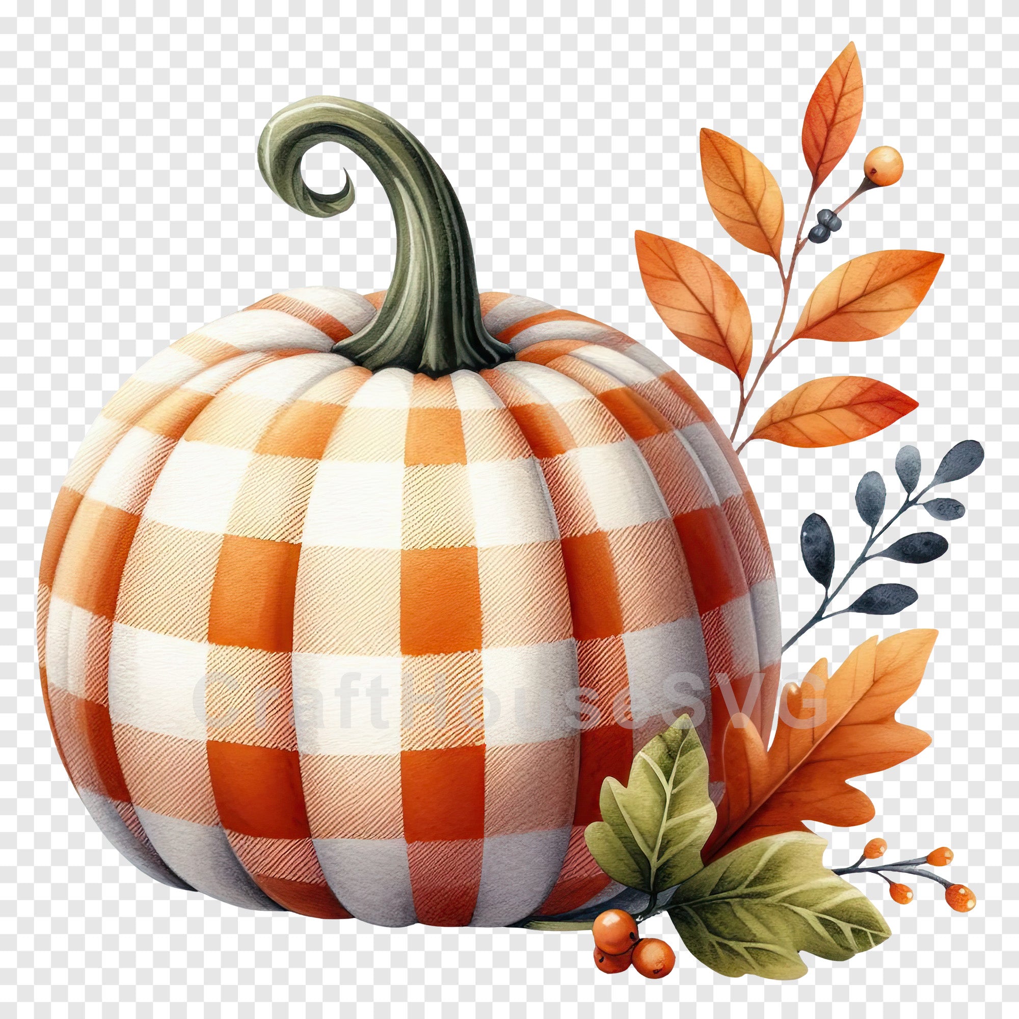 Floral Orange Plaid Pumpkin PNG Clip Art Sublimation