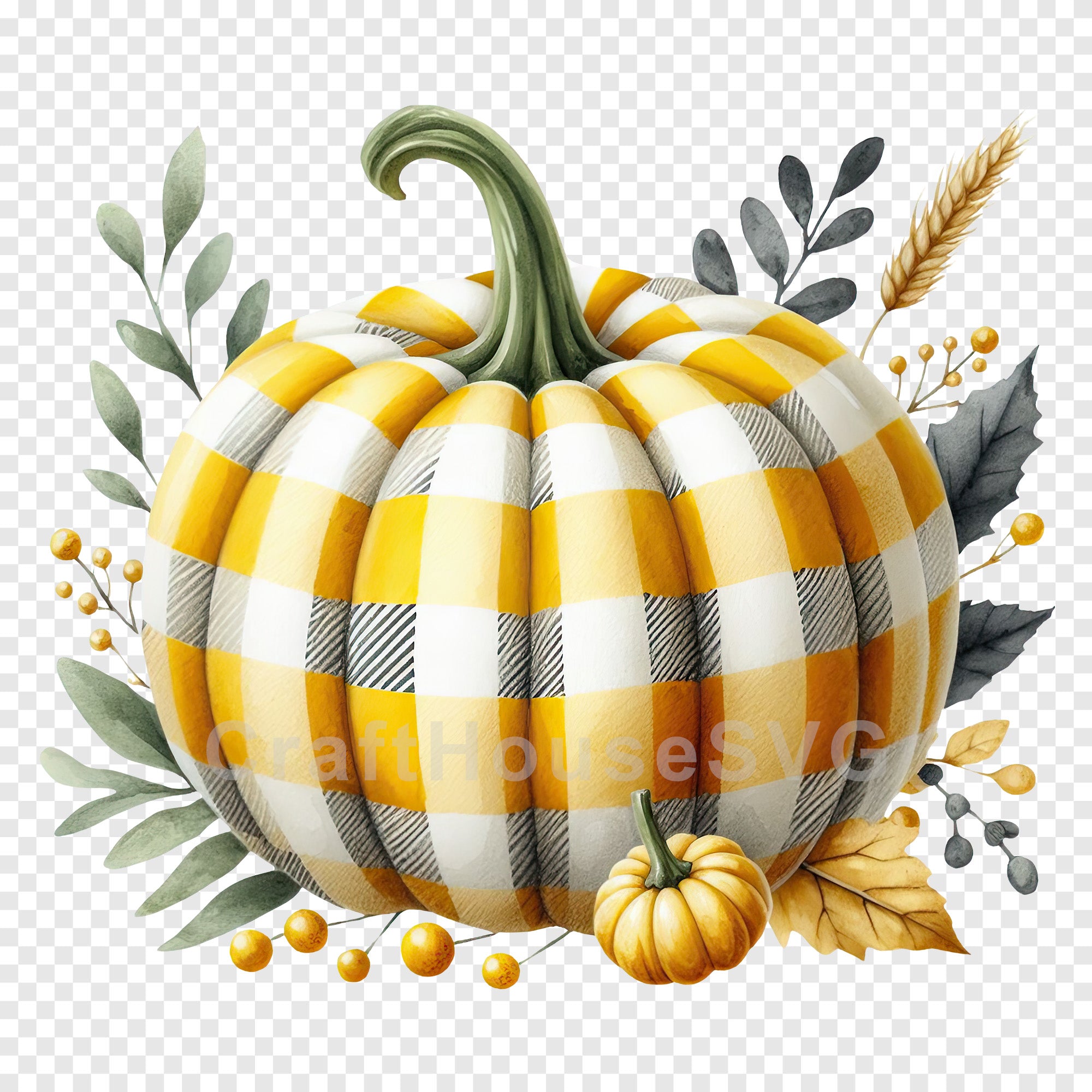 Floral Yellow Plaid Pumpkin PNG Clip Art Sublimation