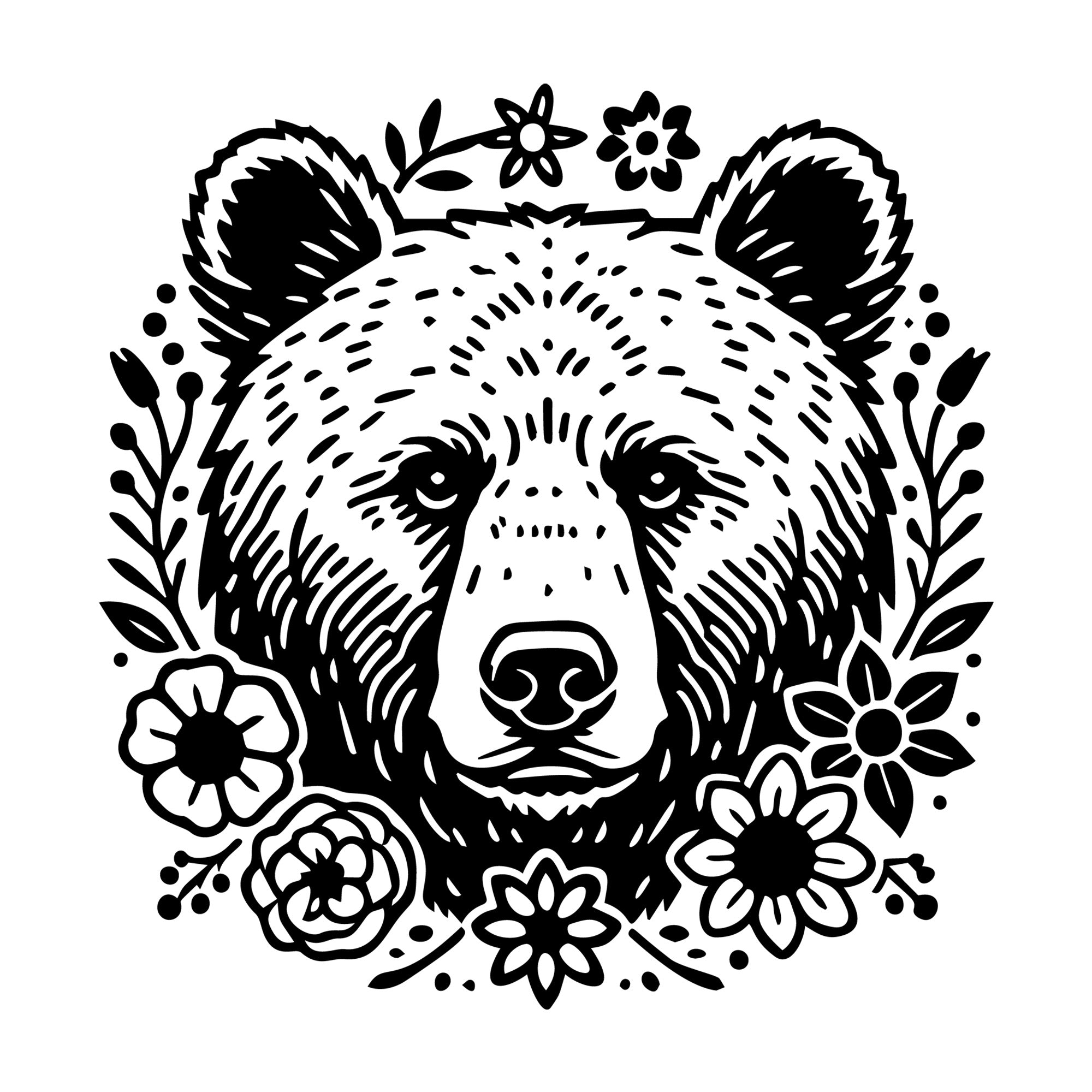 Floral Grizzly Bear Head SVG design for Cricut, Silhouette, laser cutting, vinyl, sublimation, and craft projects.