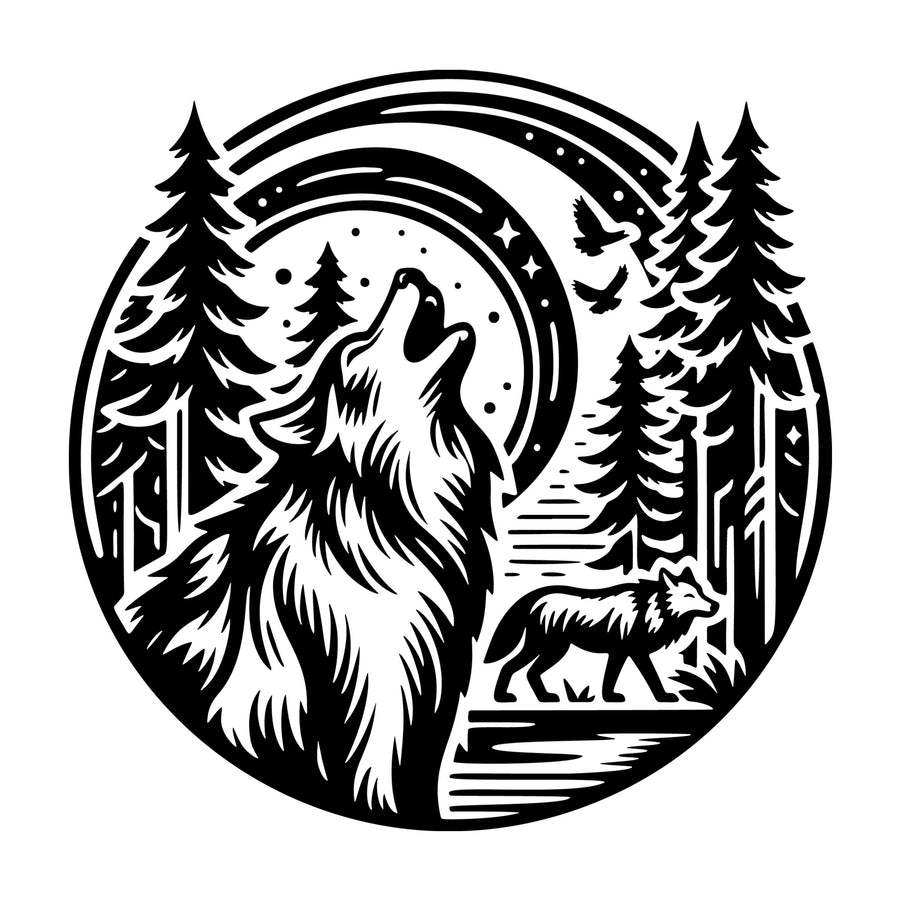 Forest Scenic Wolf SVG design for Cricut, Silhouette, laser cutting, vinyl, sublimation, and craft projects.