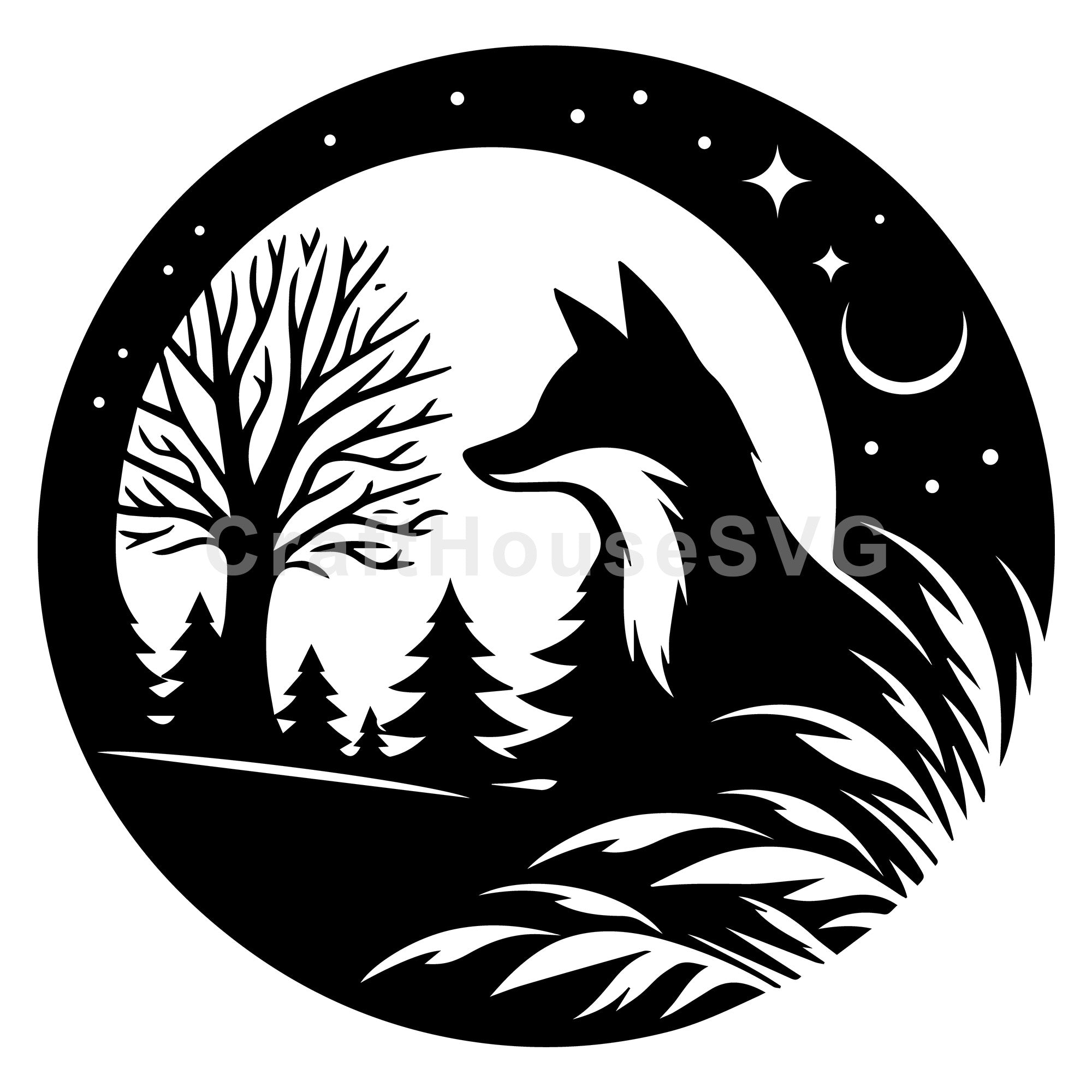 Night Fox Silhouette in a Winter Landscape Scene SVG