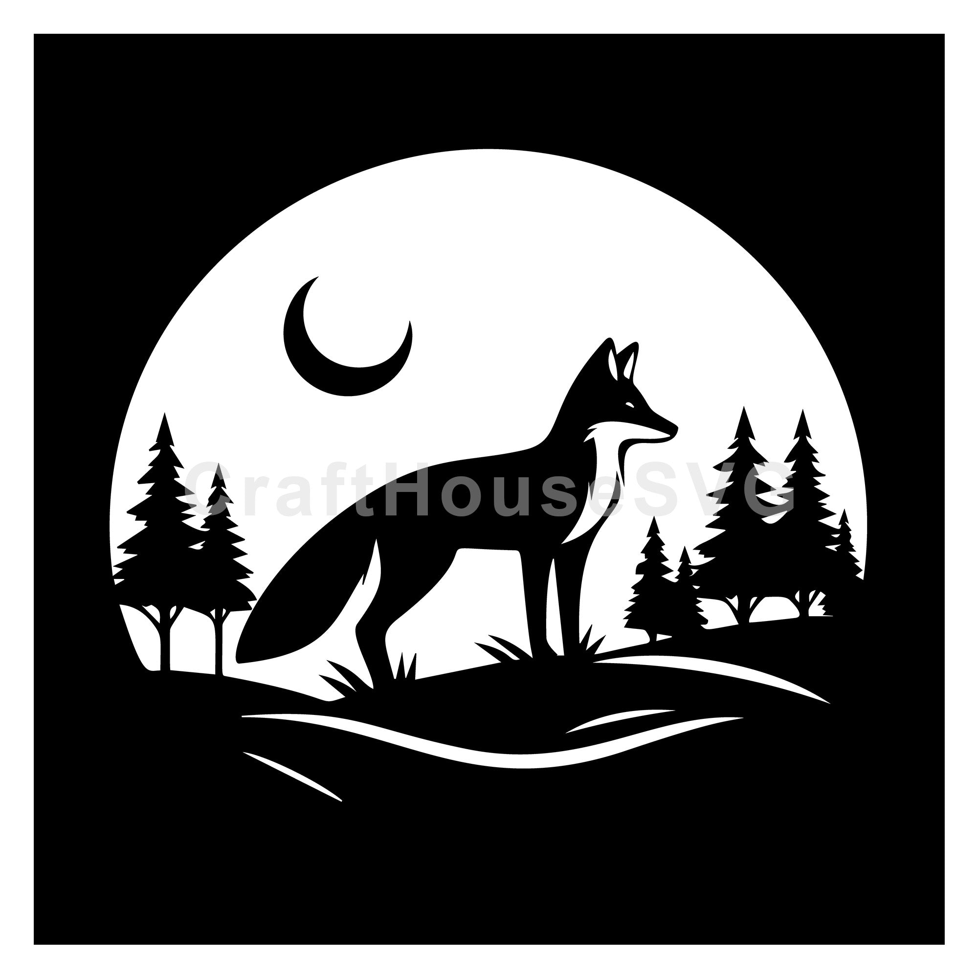 Fox Silhouette Standing under the Crescent Moon SVG