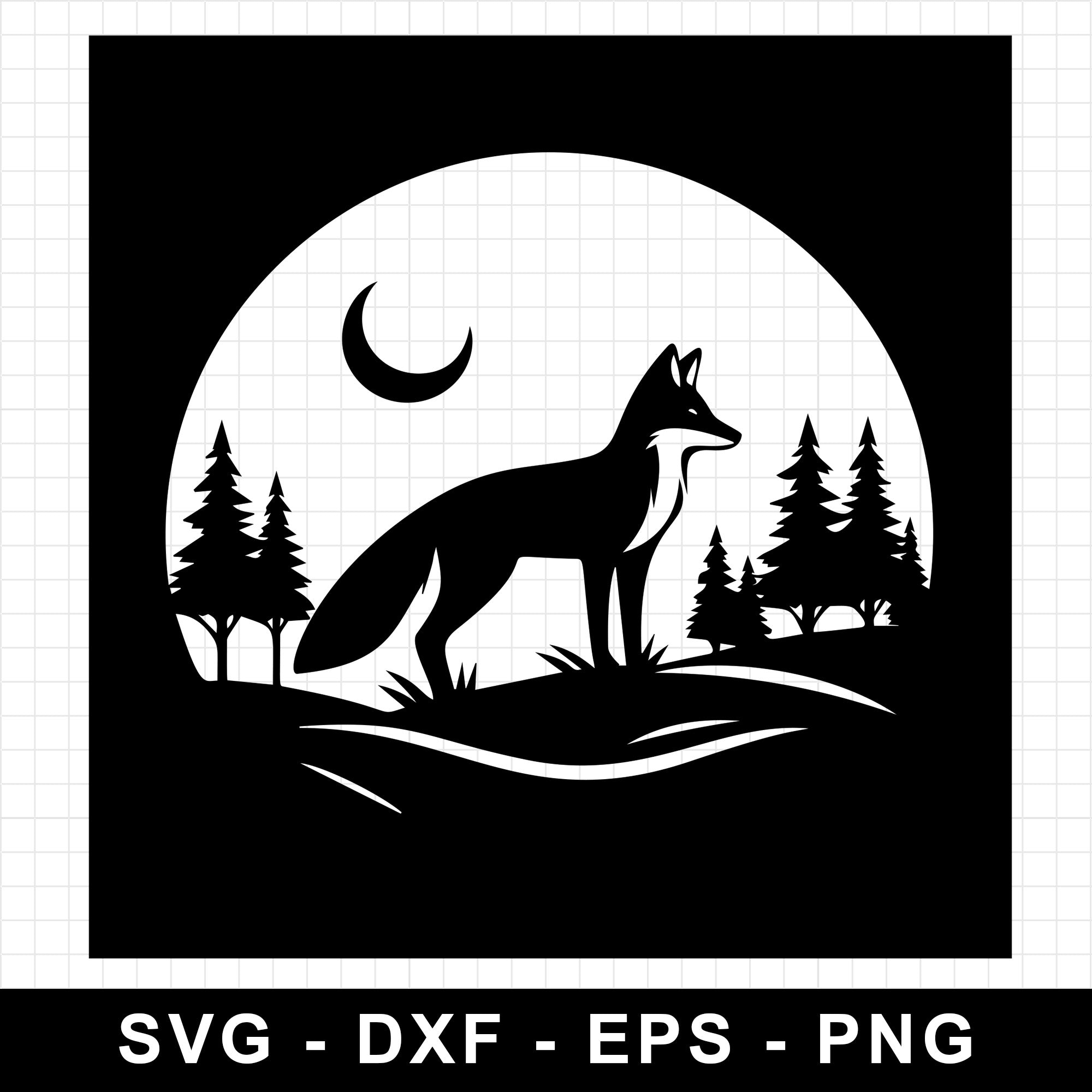 Fox Silhouette Standing under the Crescent Moon SVG